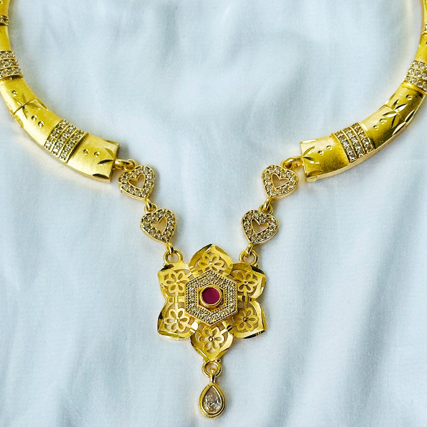 Red Ruby & Solitaire Cubic Zirconia American Diamond 1 Micron Gold Plated Necklace Set