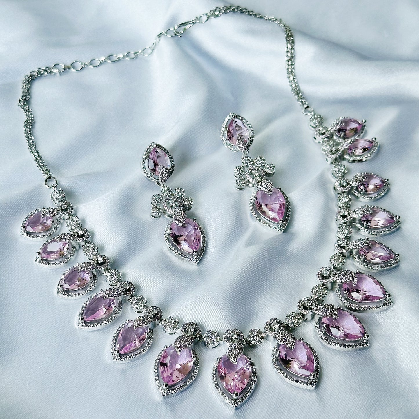 Pink Topaz Cubic Zircon Stones American Diamond Silver Plated Necklace Set