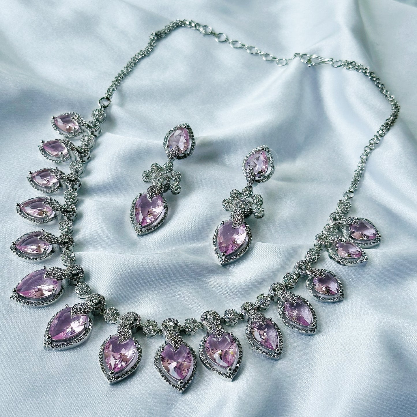 Pink Topaz Cubic Zircon Stones American Diamond Silver Plated Necklace Set