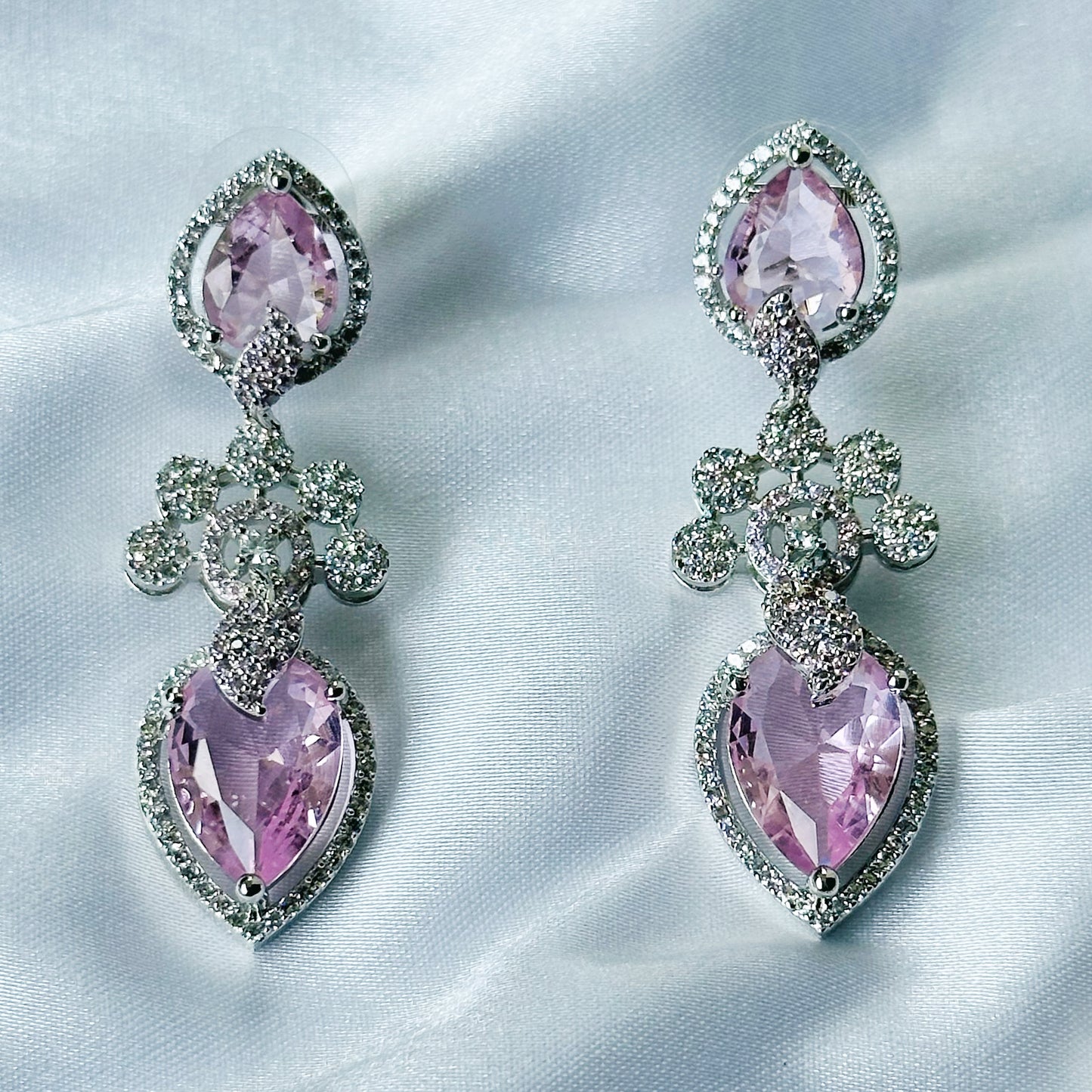 Pink Topaz Cubic Zircon Stones American Diamond Silver Plated Necklace Set