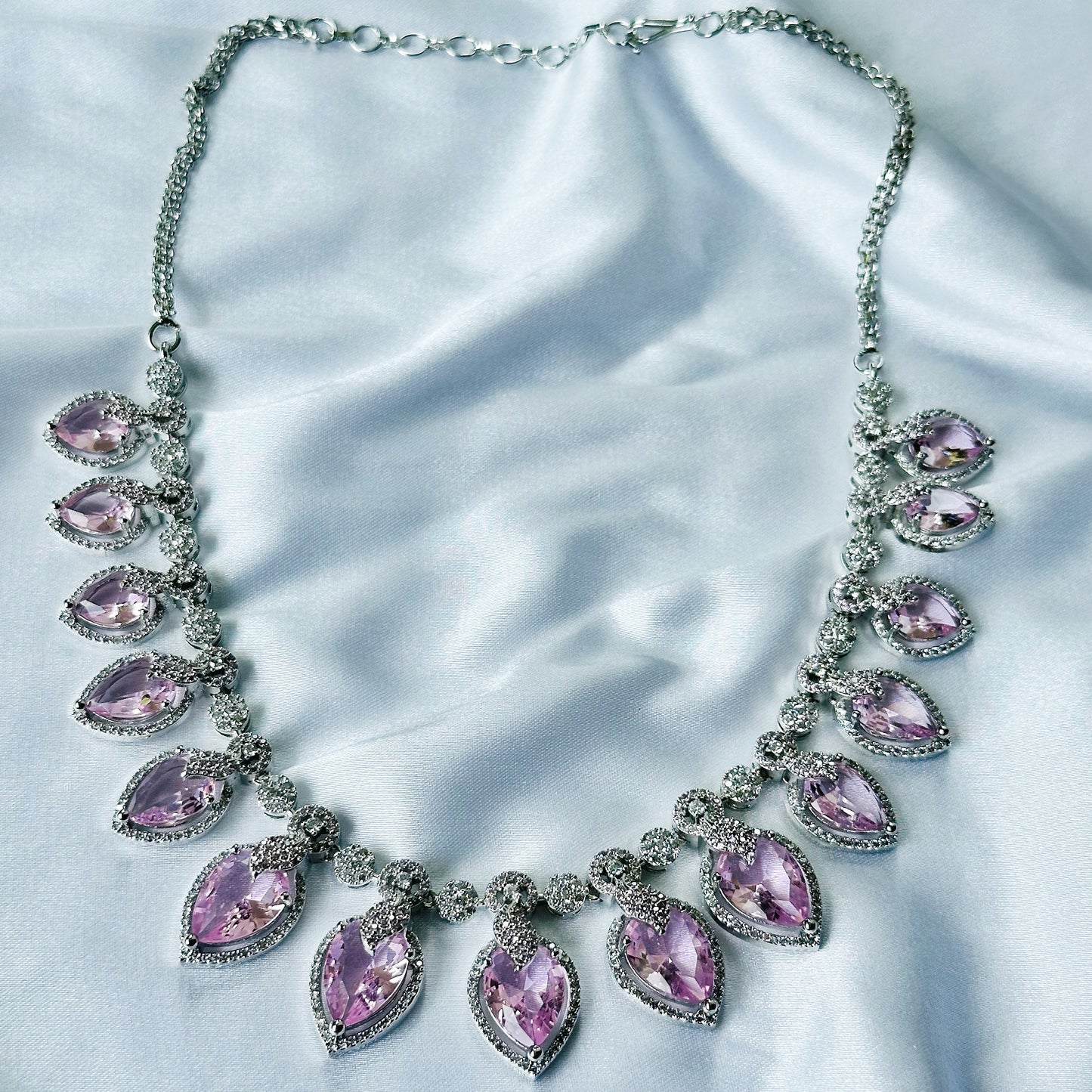 Pink Topaz Cubic Zircon Stones American Diamond Silver Plated Necklace Set