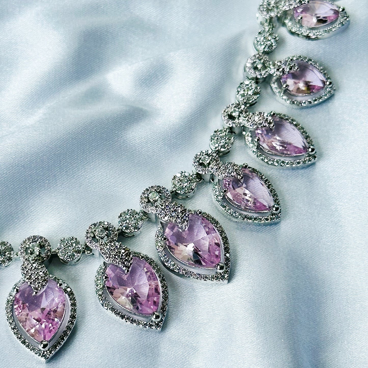 Pink Topaz Cubic Zircon Stones American Diamond Silver Plated Necklace Set