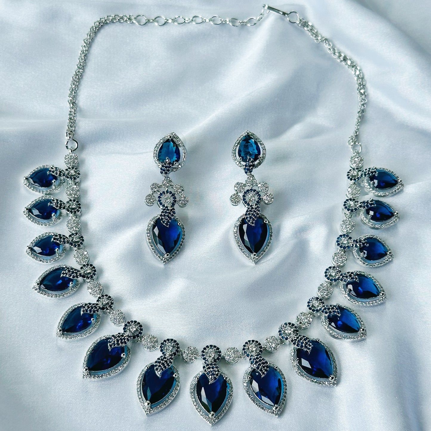 Blue Sapphire Cubic Zircon Stones American Diamond Silver Plated Necklace Set
