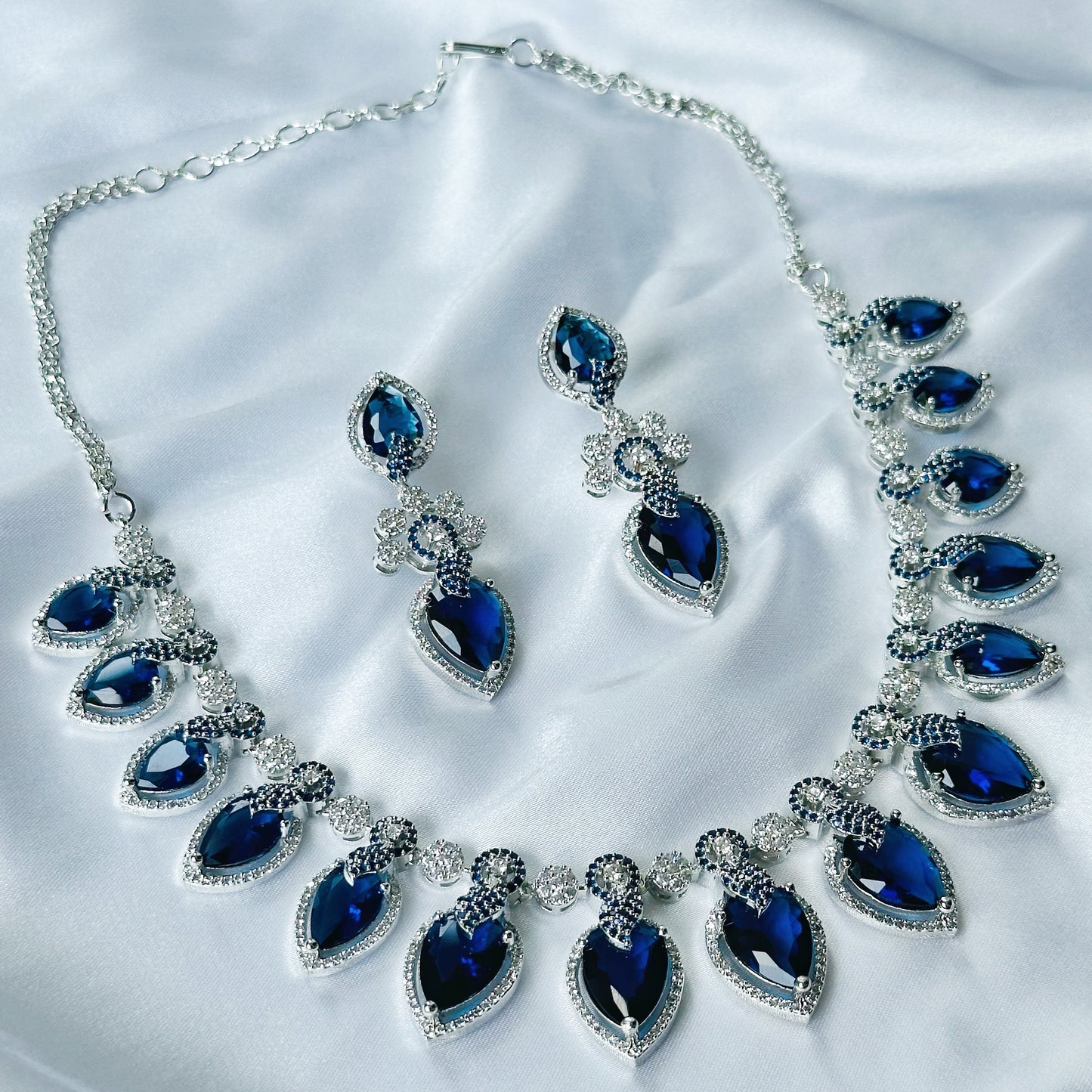 Blue Sapphire Cubic Zircon Stones American Diamond Silver Plated Necklace Set