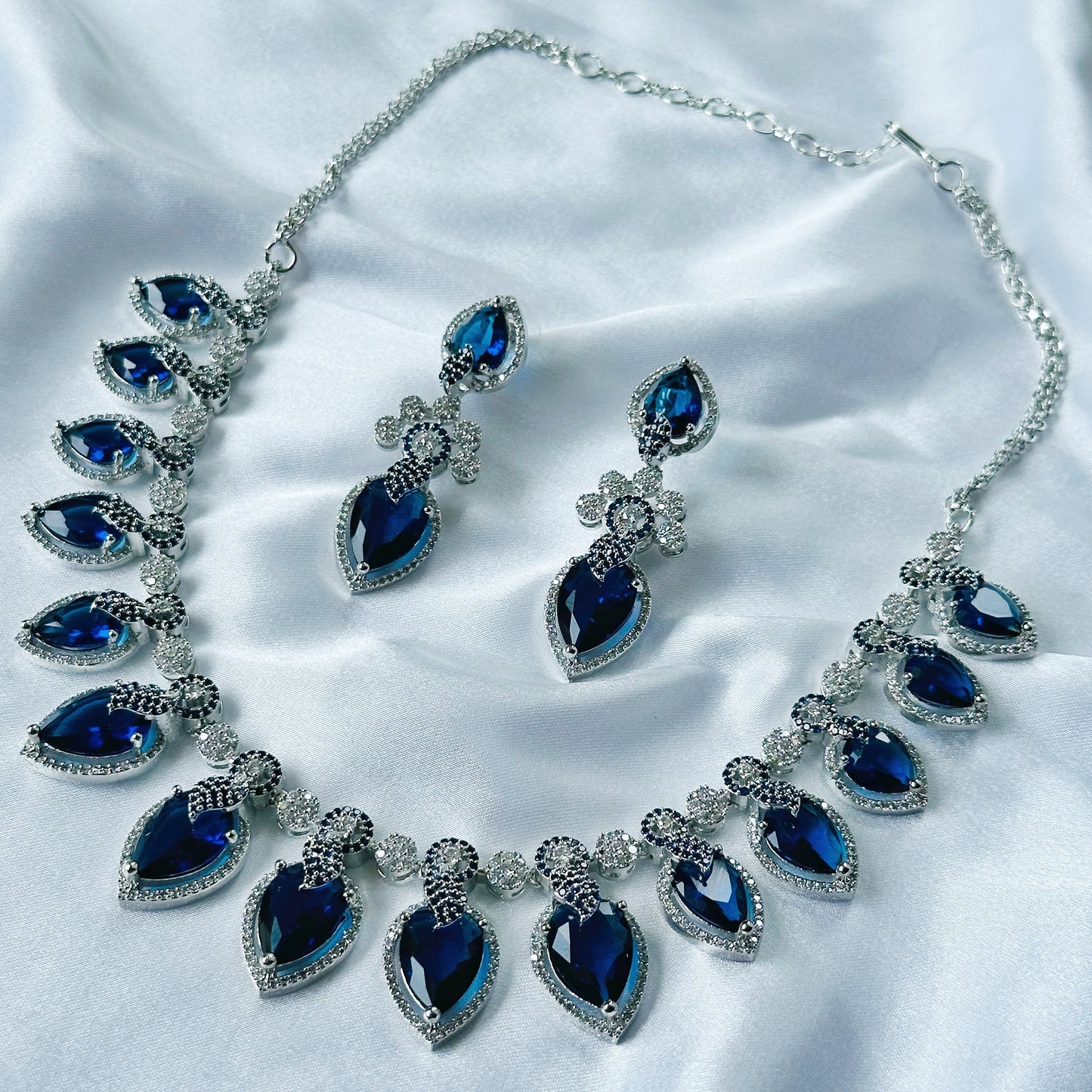 Blue Sapphire Cubic Zircon Stones American Diamond Silver Plated Necklace Set