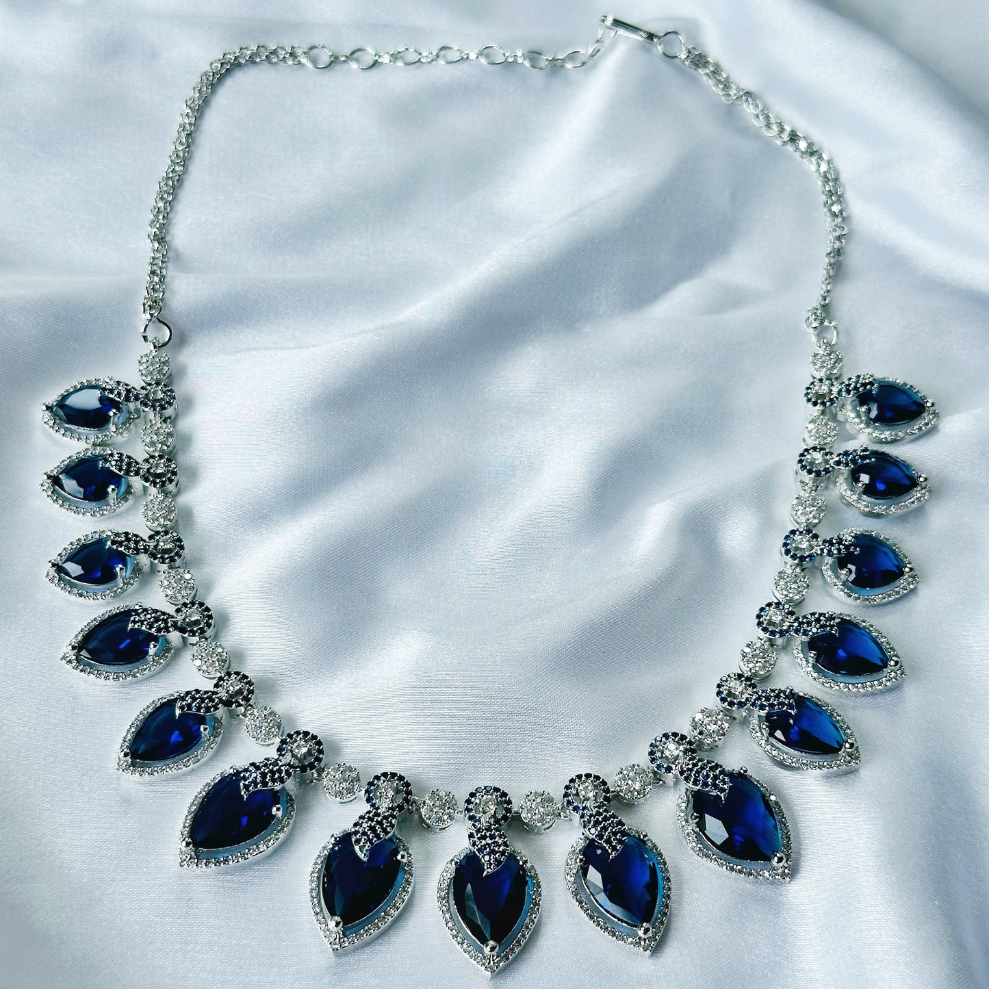 Blue Sapphire Cubic Zircon Stones American Diamond Silver Plated Necklace Set
