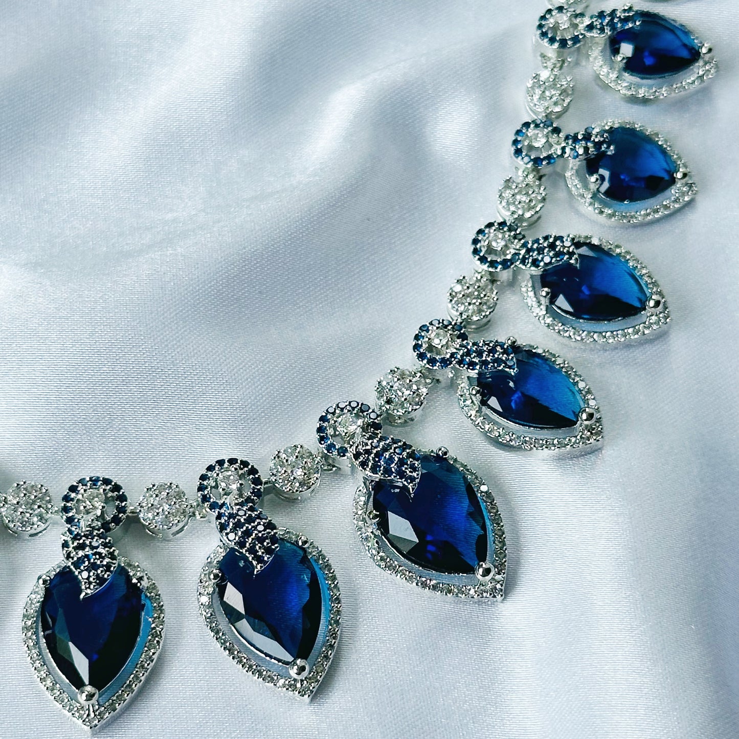 Blue Sapphire Cubic Zircon Stones American Diamond Silver Plated Necklace Set
