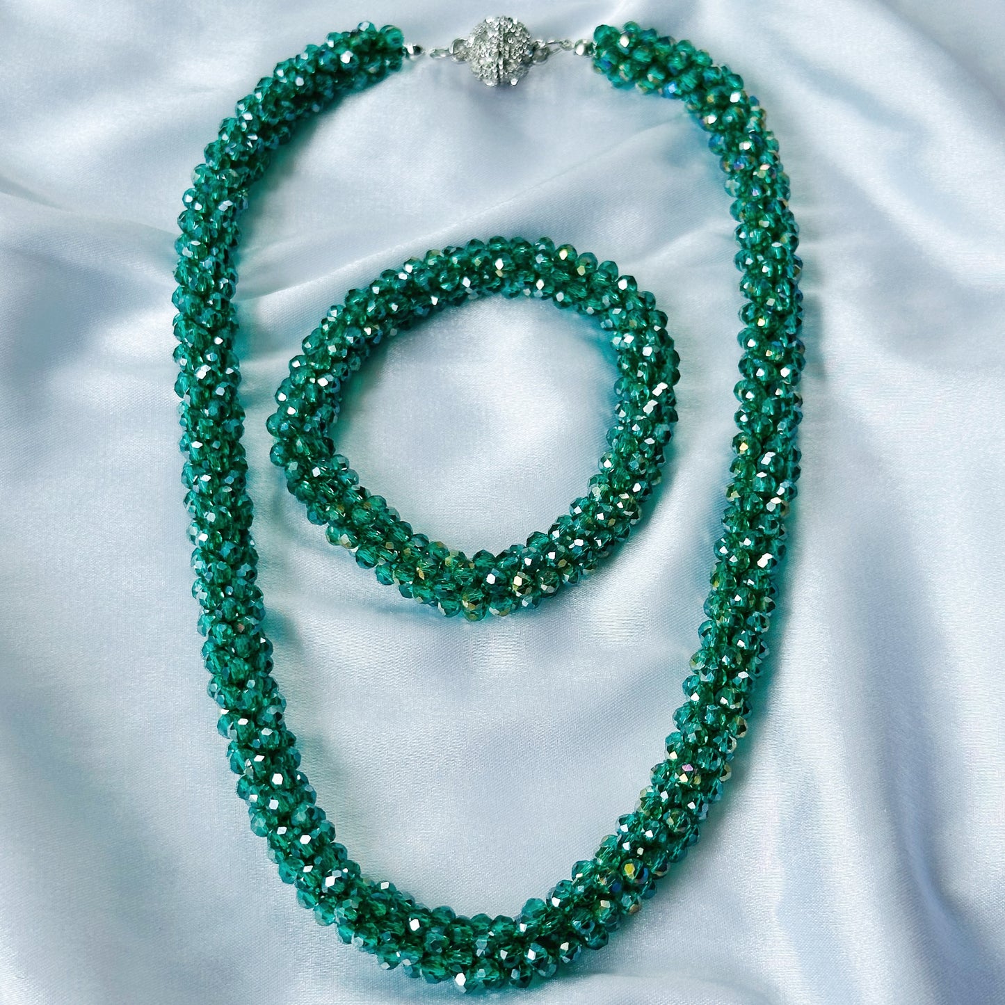 Green Emerald Beads With Magnetic Lock American Diamond Western Bracelet & Necklace Combo