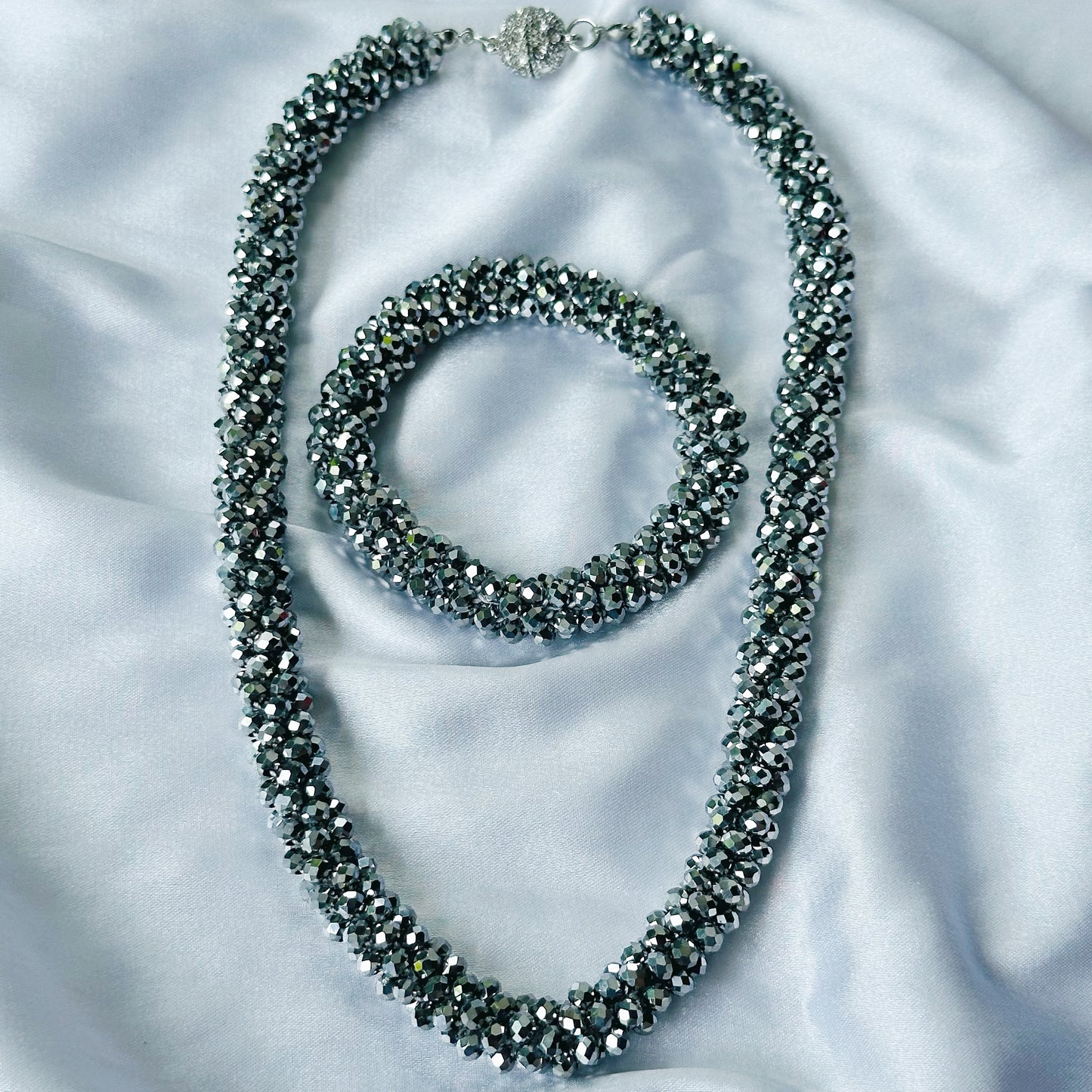Silver Beads With Magnetic Lock American Diamond Western Bracelet & Necklace Combo