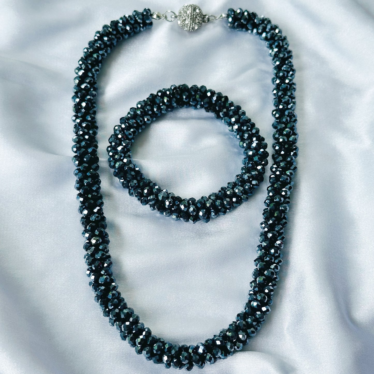 Navy Blue Beads With Magnetic Lock American Diamond Western Bracelet & Necklace Combo