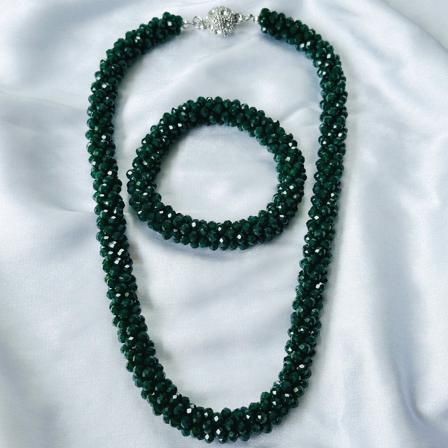 Dark Green Emerald Beads With Magnetic Lock American Diamond Western Bracelet & Necklace Combo