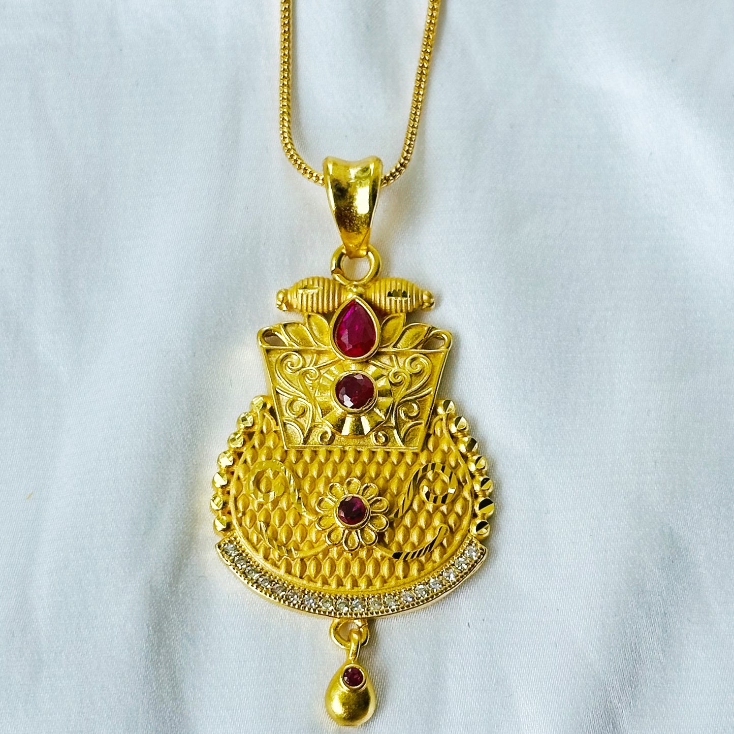 Red Ruby & Solitaire Cubic Zirconia American Diamond 1 Micron Gold Plated Pendant Set