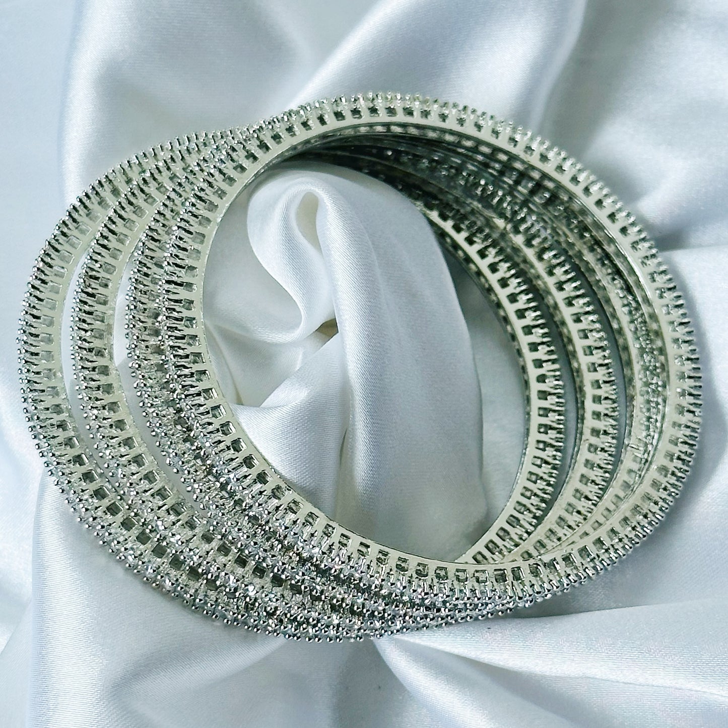 Solitaire Cubic Zirconia American Diamond Silver Plated Bangles, Set of 4