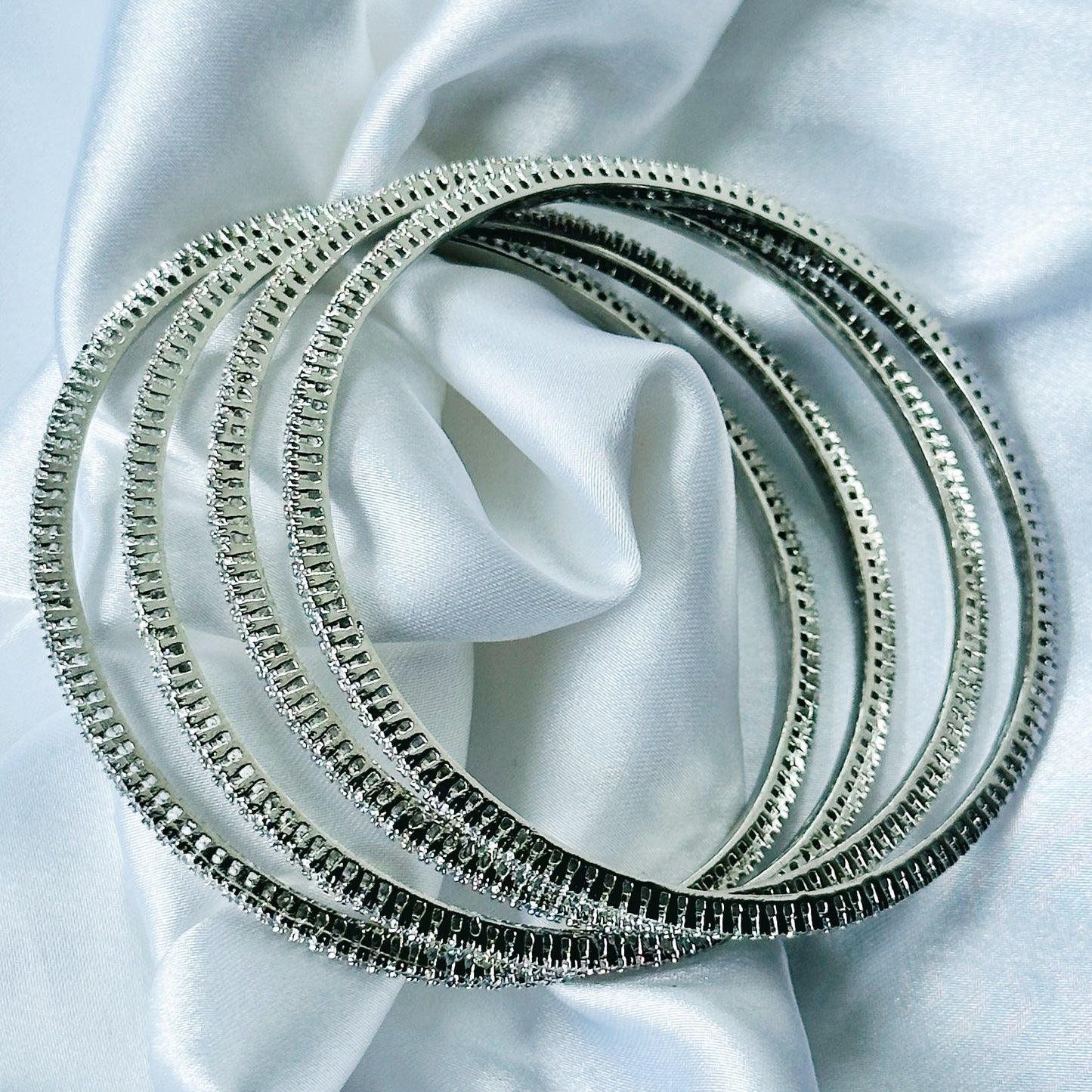 Solitaire Cubic Zirconia American Diamond Silver Plated Bangles, Set of 4