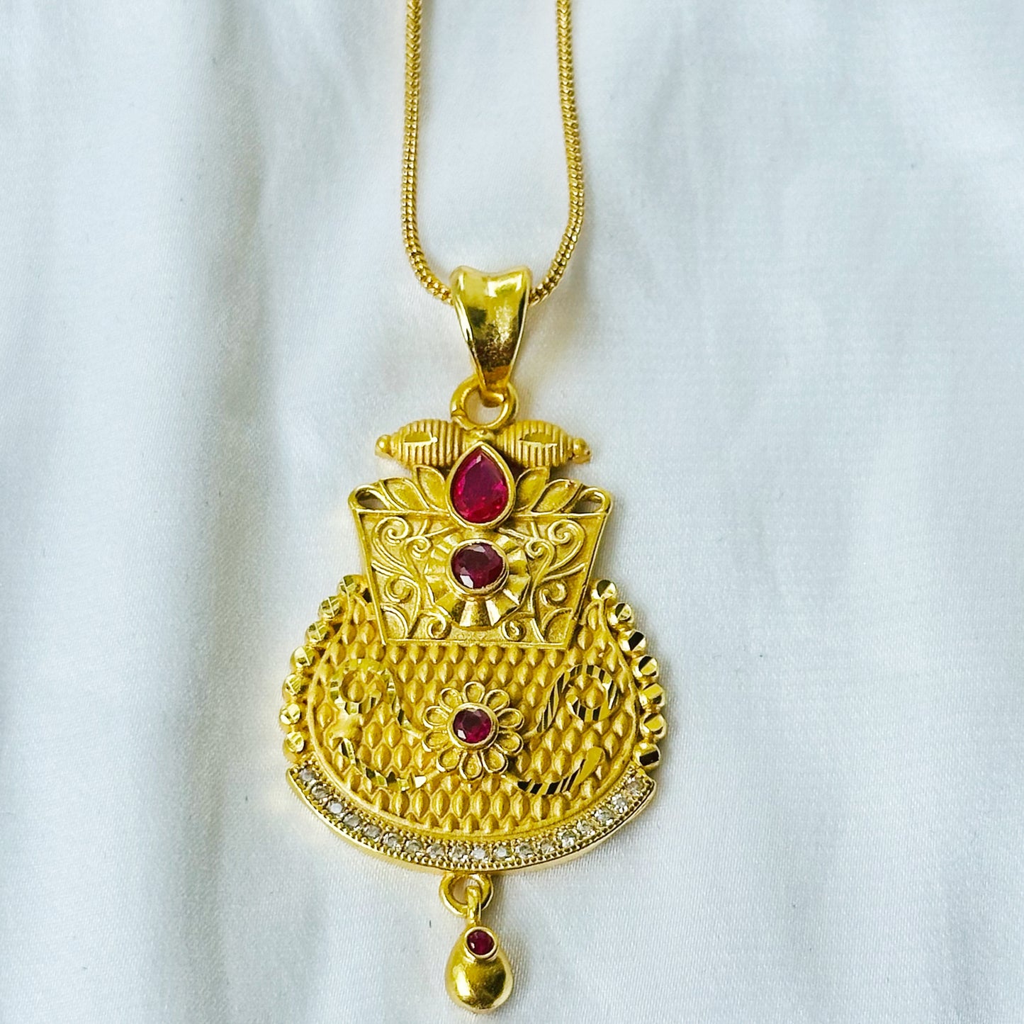 Red Ruby & Solitaire Cubic Zirconia American Diamond 1 Micron Gold Plated Pendant Set