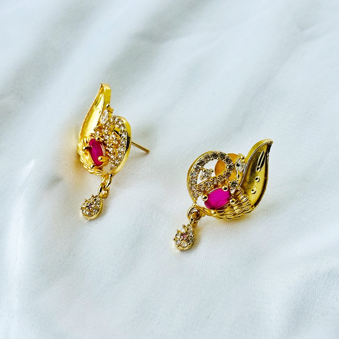 Floral Drop Design American Diamond 1 Micron Gold Plated Pendant Set