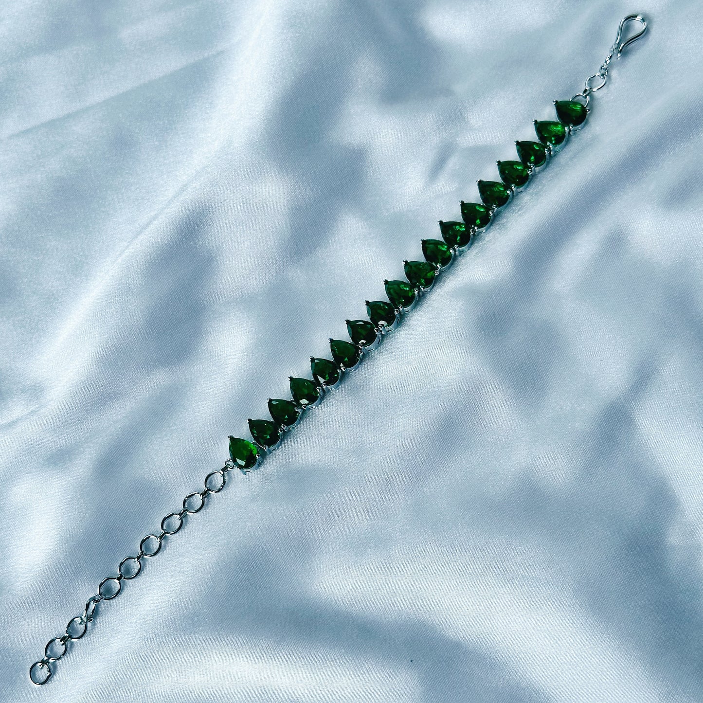 Green Emerald Cubic Zircon Stone American Diamond Silver Plated Chain Bracelet