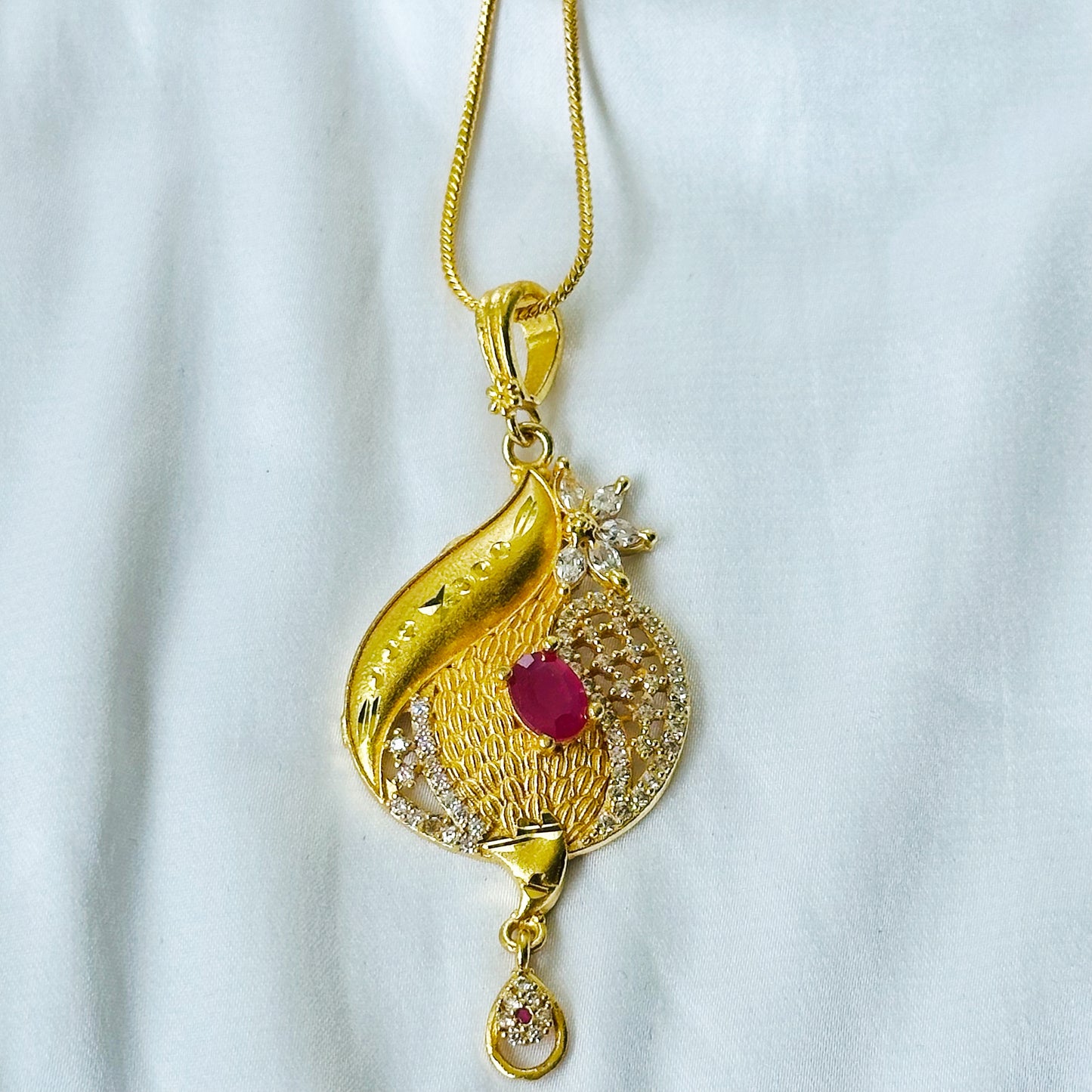 Red Ruby & Solitaire Cubic Zirconia American Diamond 1 Micron Gold Plated Pendant Set