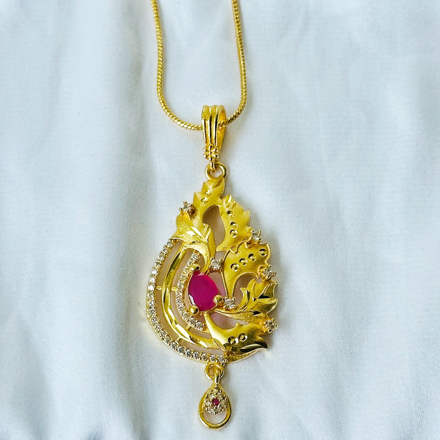 Floral Leaf Drop Design American Diamond 1 Micron Gold Plated Pendant Set