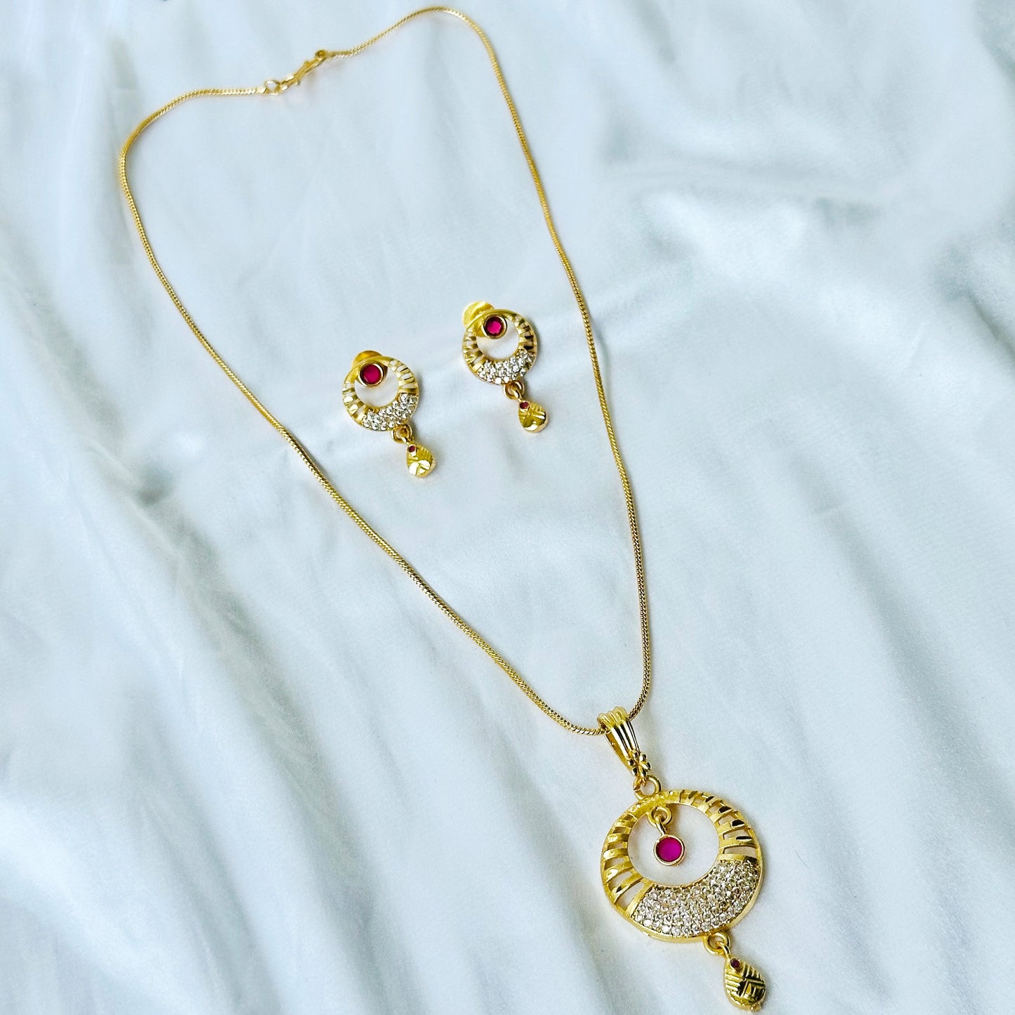 Round Drop Design American Diamond 1 Micron Gold Plated Pendant Set