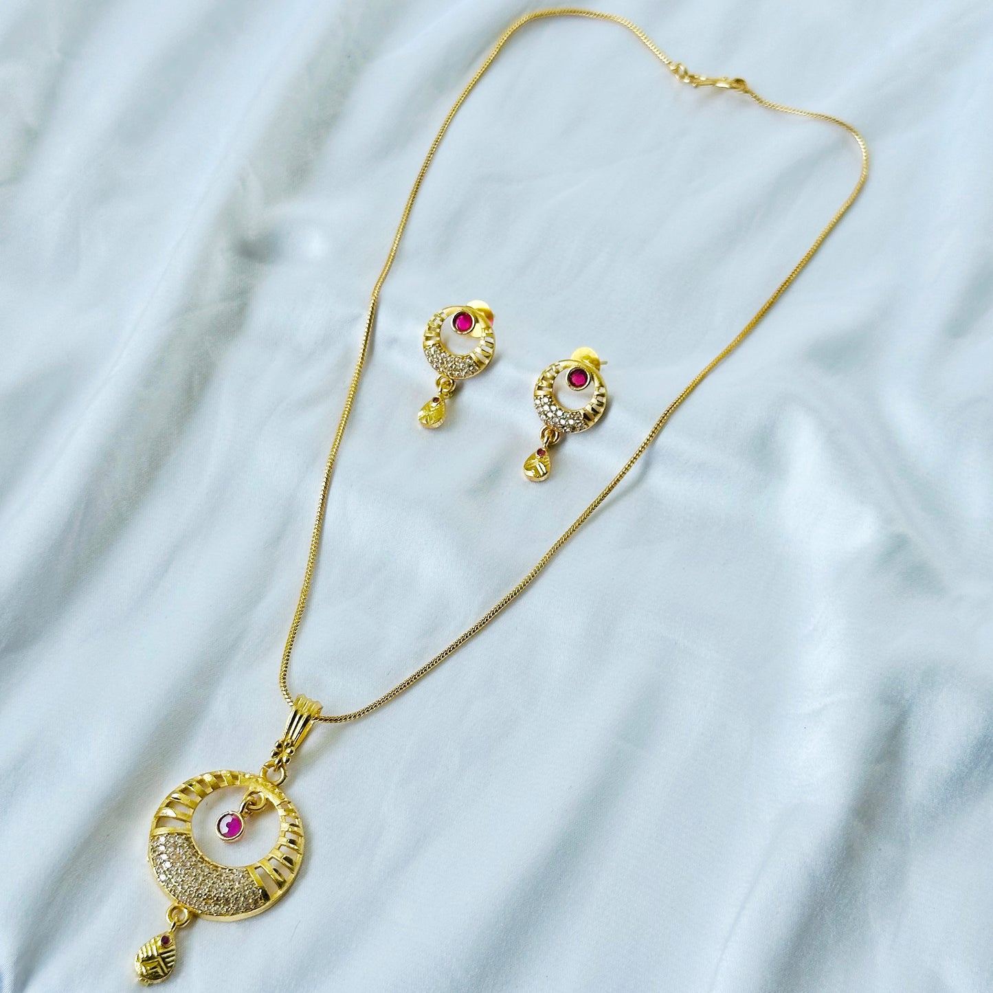Round Drop Design American Diamond 1 Micron Gold Plated Pendant Set