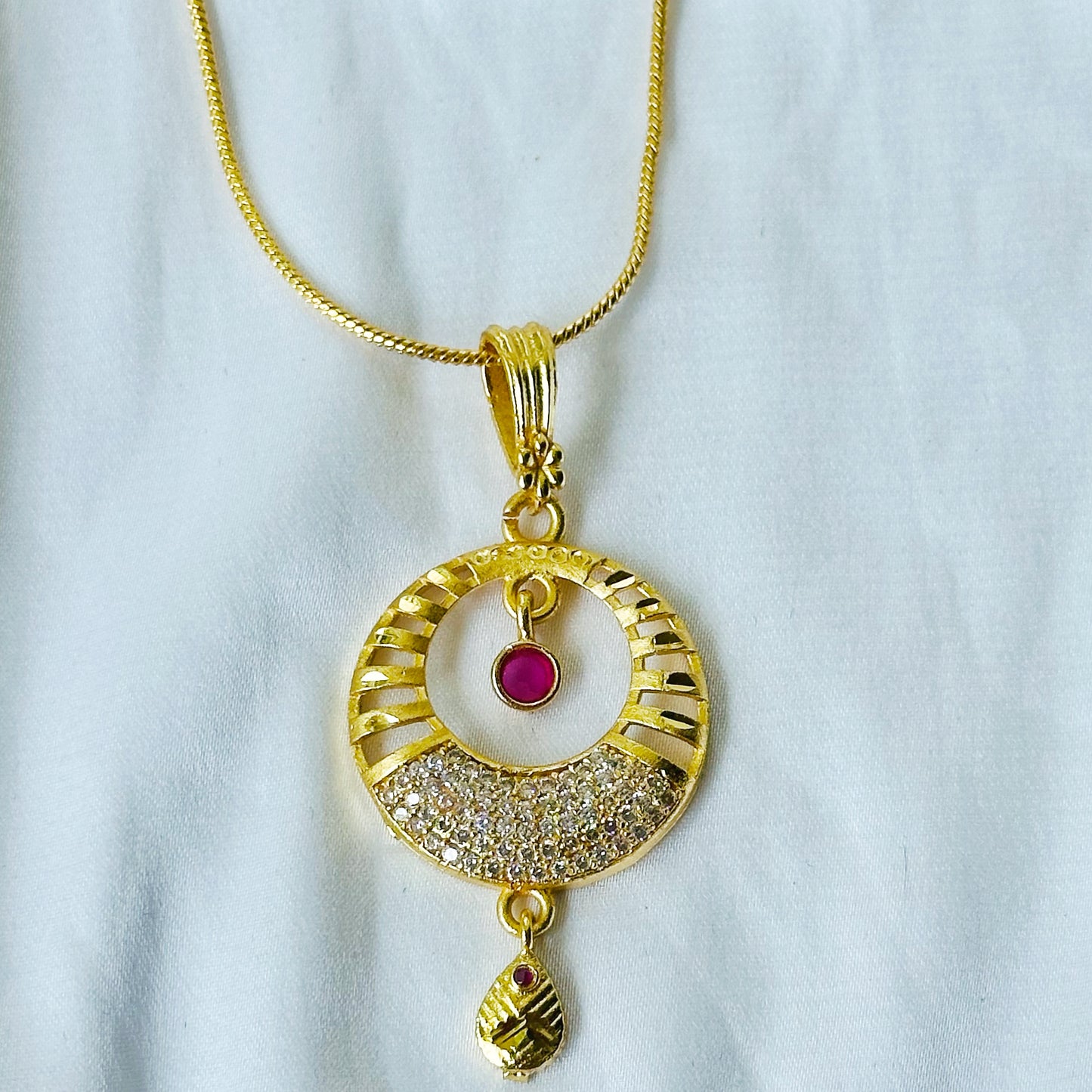 Red Ruby & Solitaire Cubic Zirconia American Diamond 1 Micron Gold Plated Pendant Set