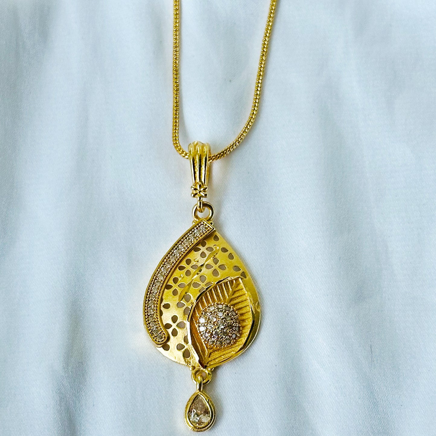 Leaf Drop Design American Diamond 1 Micron Gold Plated Pendant Set
