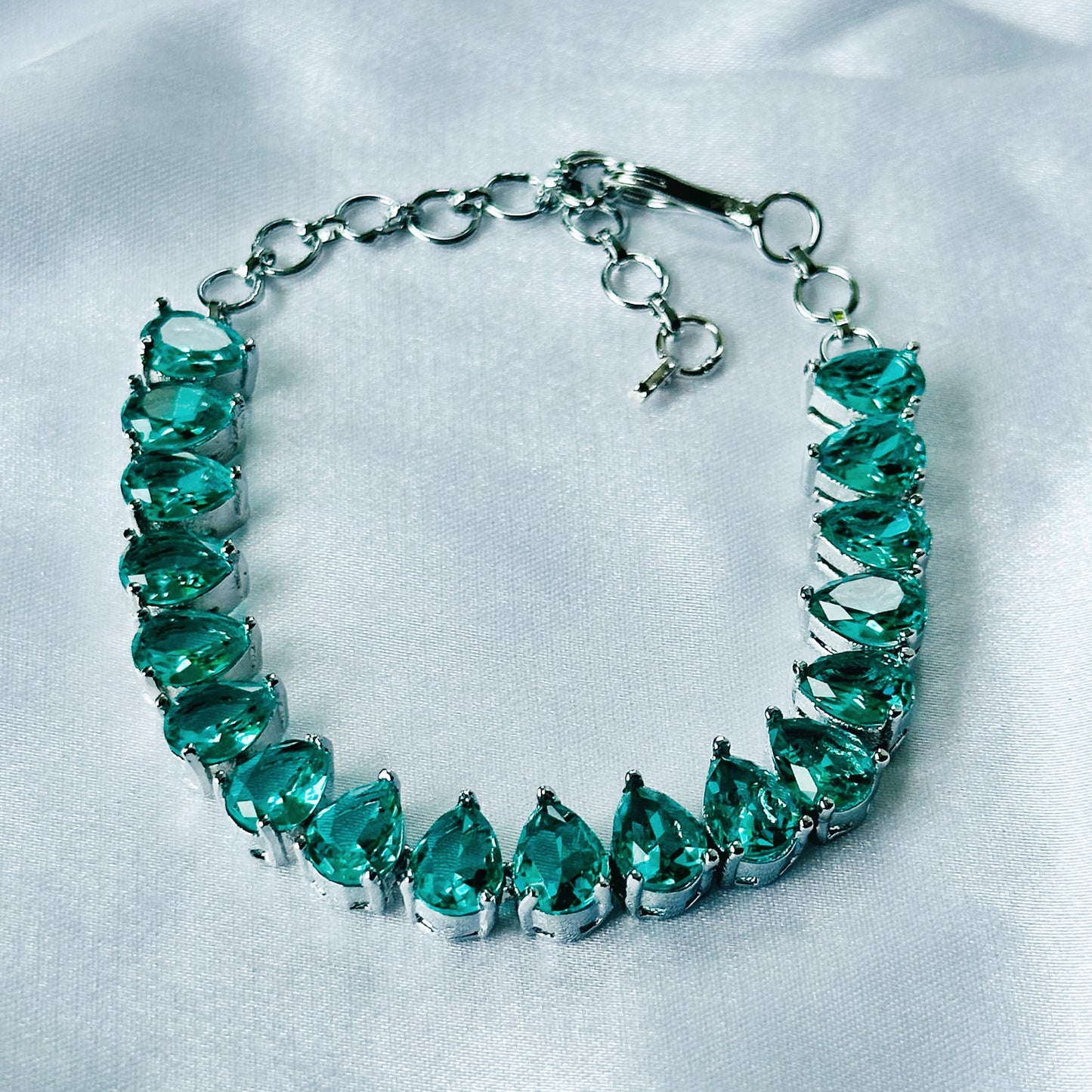 Sea Green Topaz Cubic Zircon Stone American Diamond Silver Plated Chain Bracelet