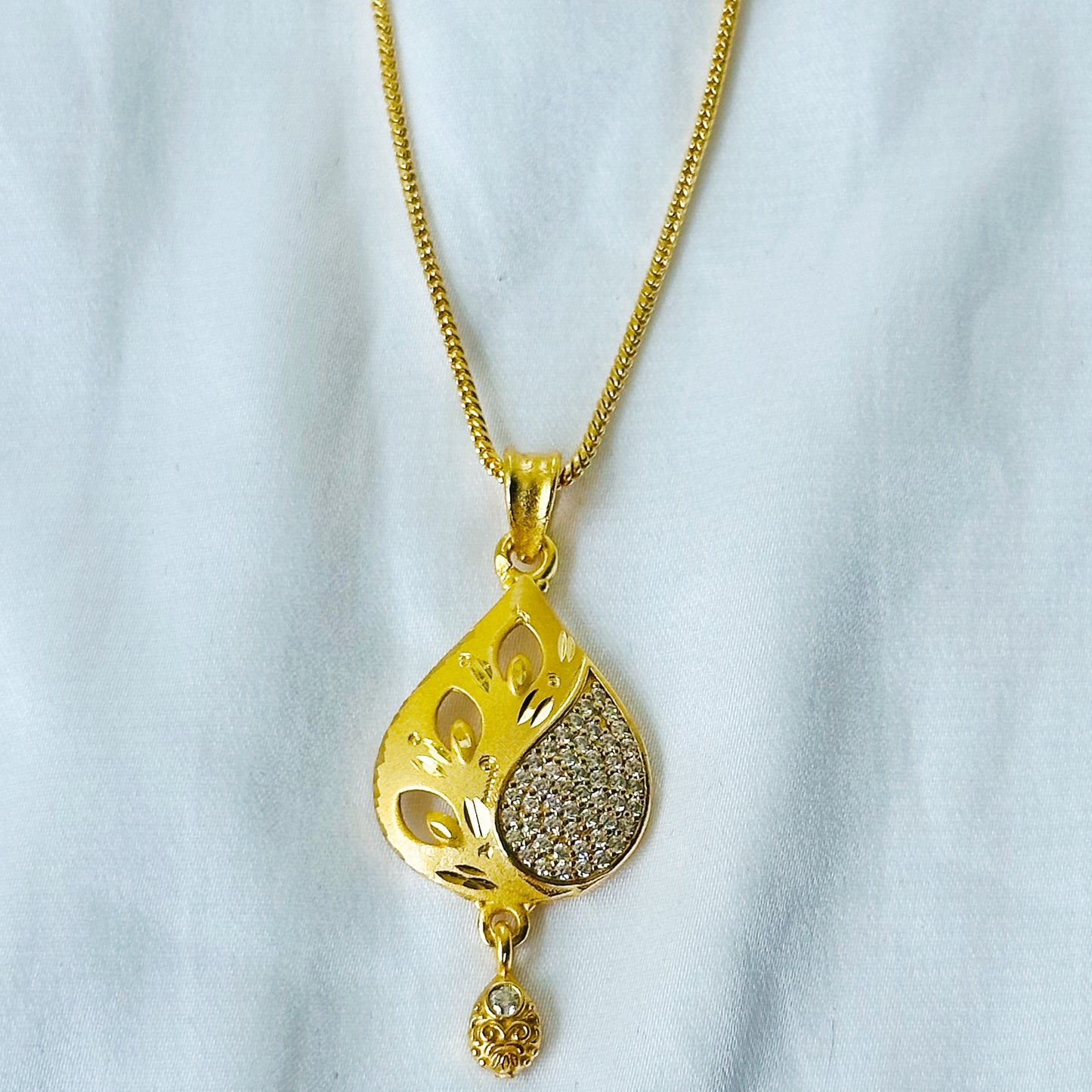 Leaf Drop Design American Diamond 1 Micron Gold Plated Pendant Set