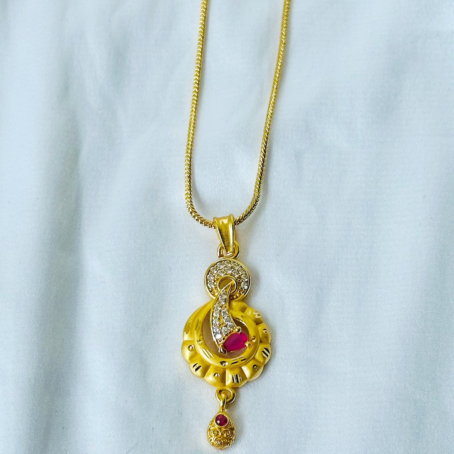 Red Ruby & Solitaire Cubic Zirconia American Diamond 1 Micron Gold Plated Pendant Set