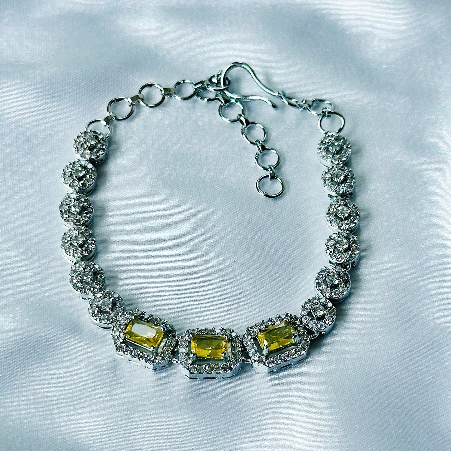 Yellow Topaz Cubic Zircon Stone American Diamond Silver Plated Chain Bracelet