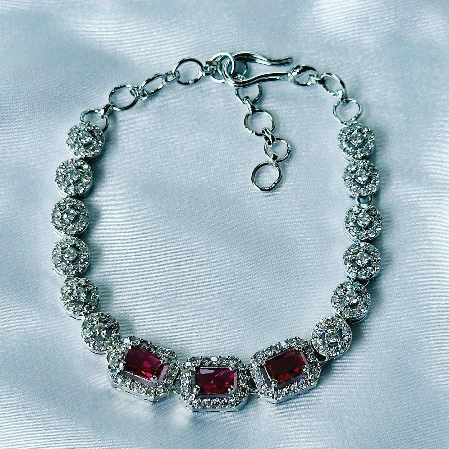 Red Ruby Cubic Zircon Stone American Diamond Silver Plated Chain Bracelet