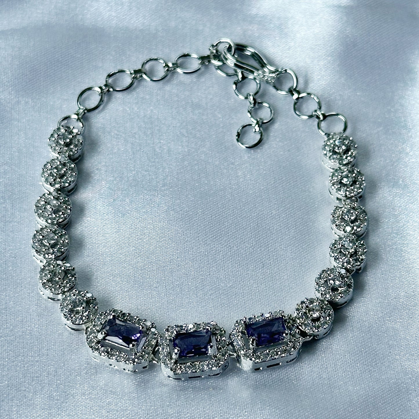 Deep Purple Amethyst Cubic Zircon Stone American Diamond Silver Plated Chain Bracelet