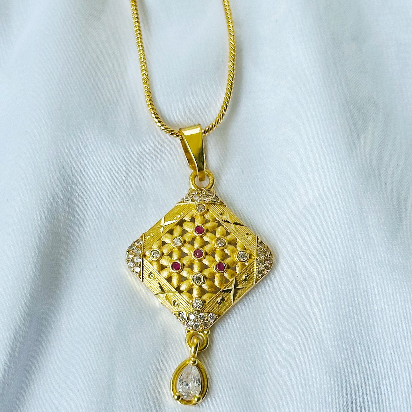 Red Ruby & Solitaire Cubic Zirconia American Diamond 1 Micron Gold Plated Pendant Set