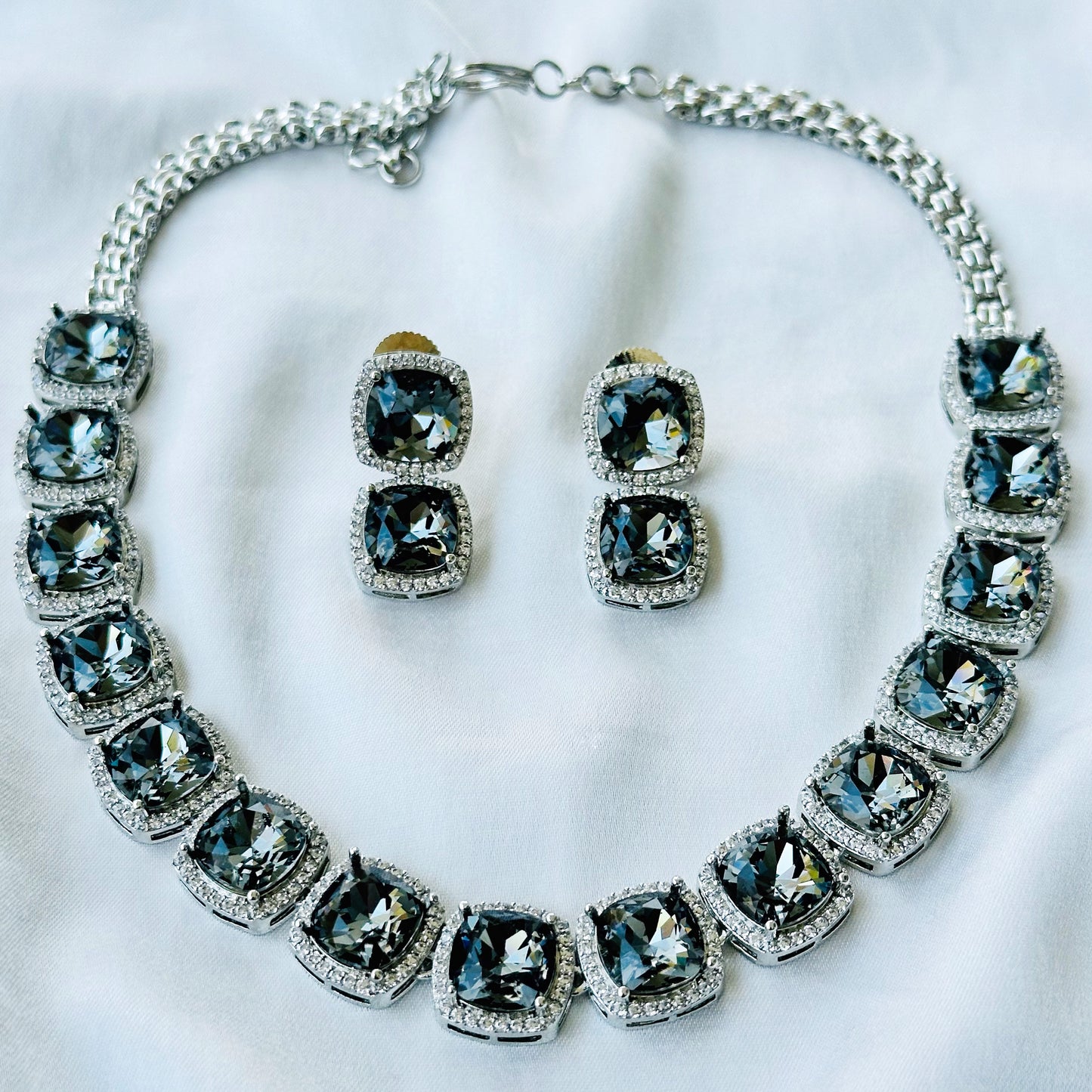 Black Morion Swarovski Crystal American Diamond Silver Plated Necklace Set