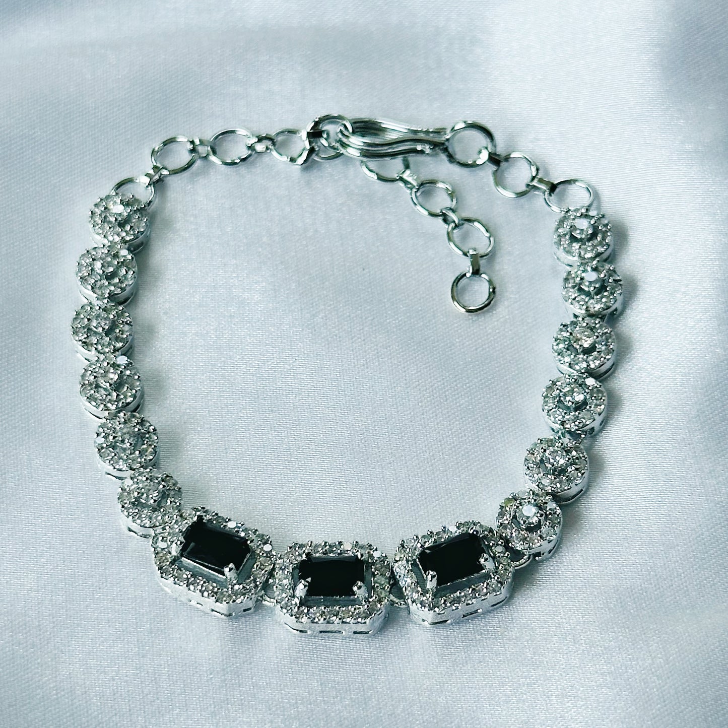 Black Zircon Stone American Diamond Silver Plated Chain Bracelet