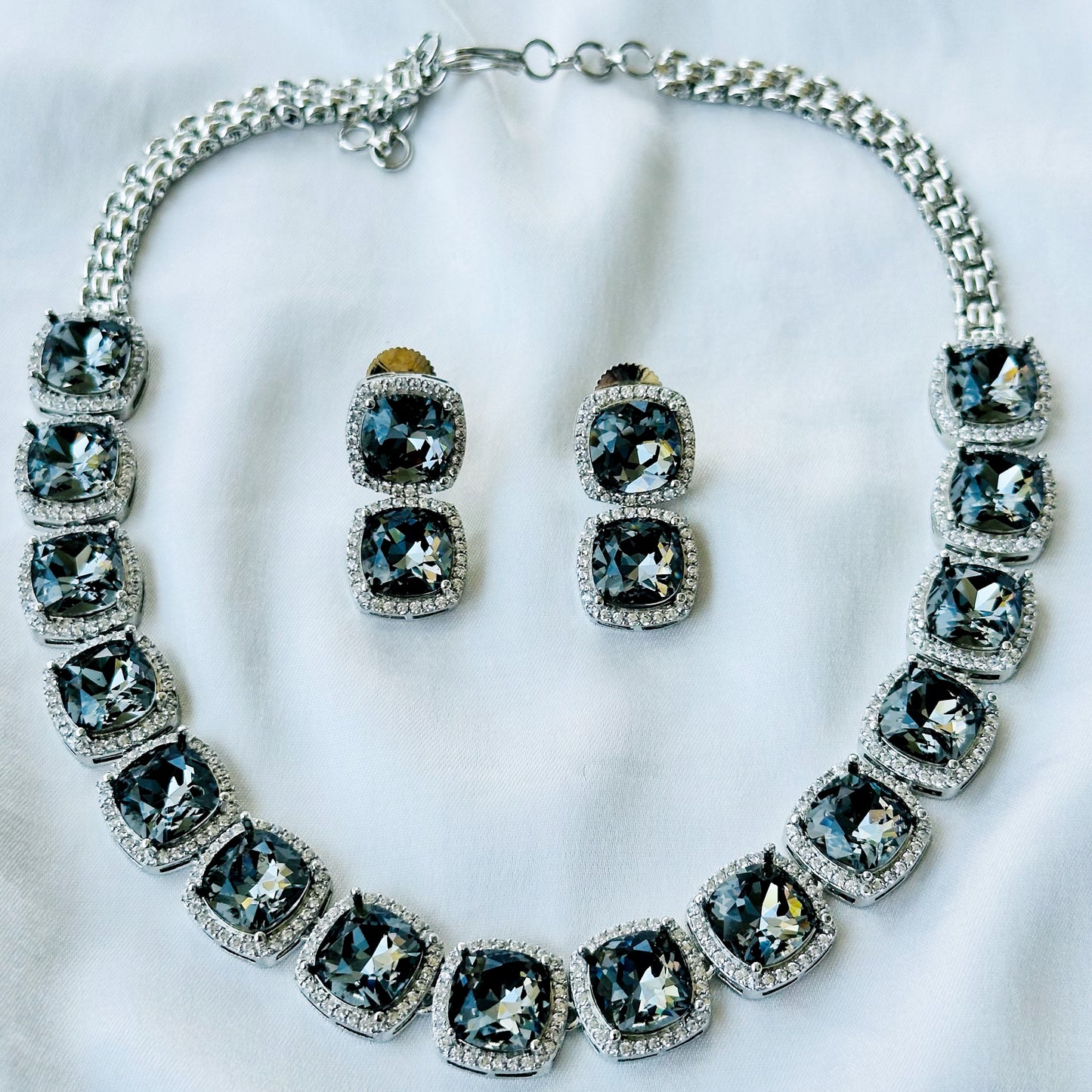 Black Morion Swarovski Crystal American Diamond Silver Plated Necklace Set