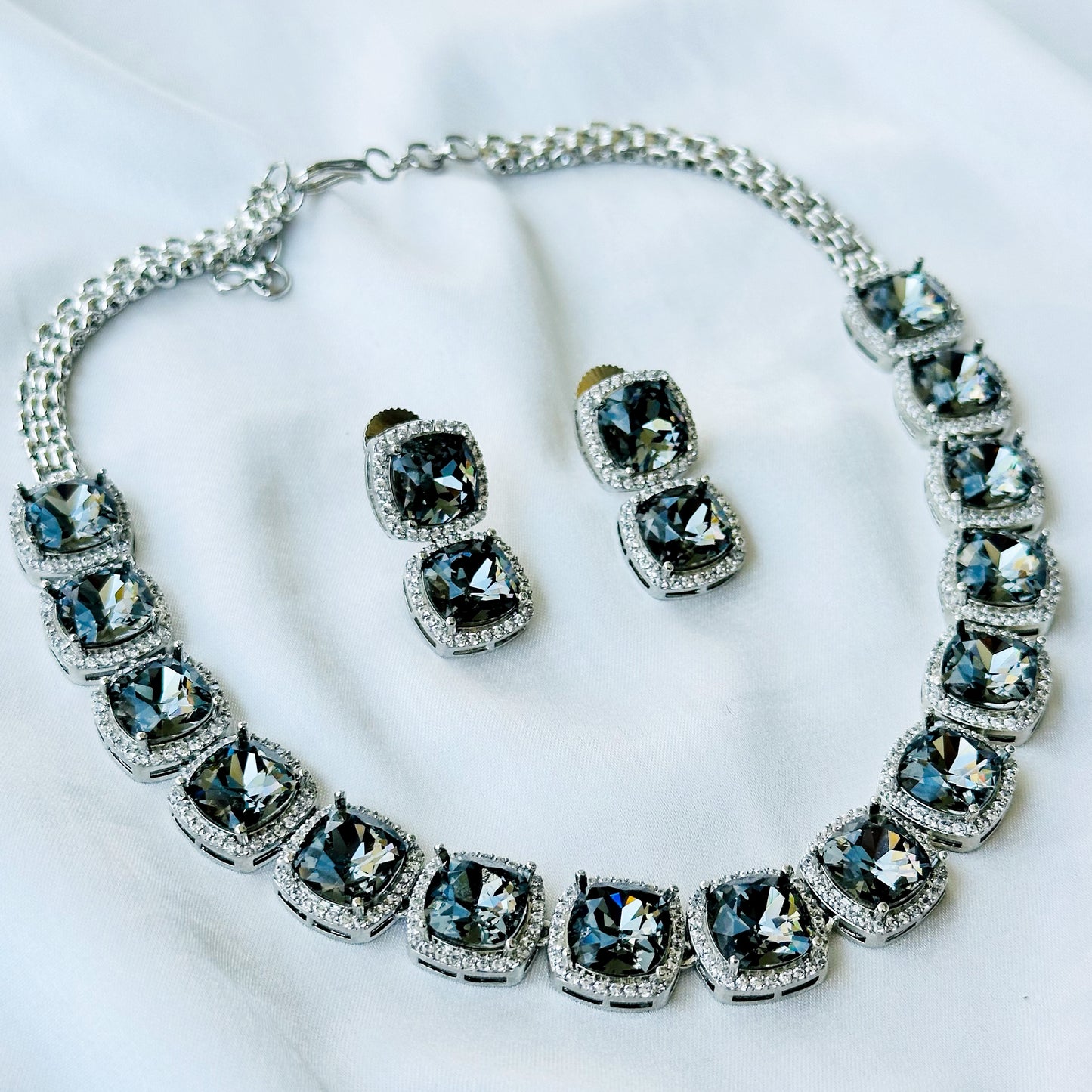 Black Morion Swarovski Crystal American Diamond Silver Plated Necklace Set