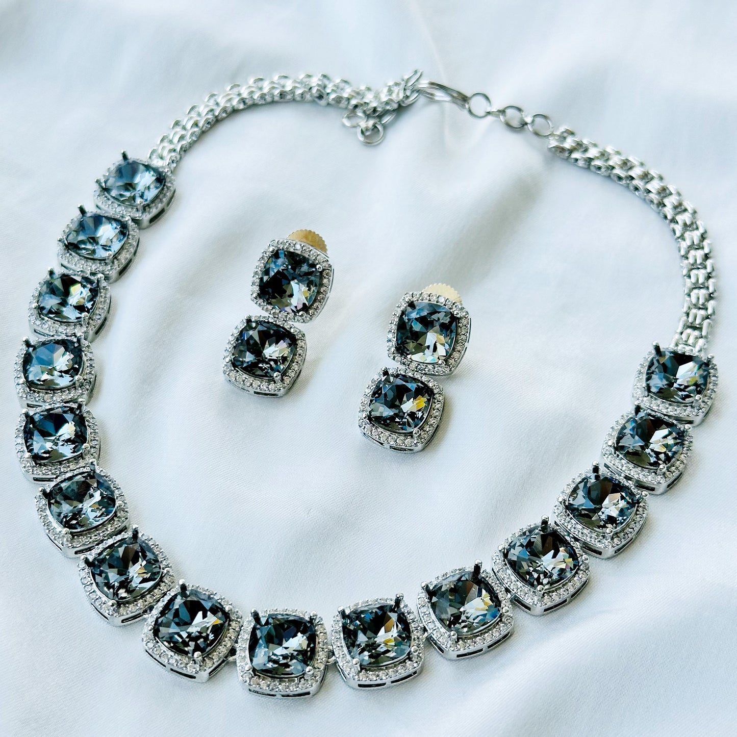 Black Morion Swarovski Crystal American Diamond Silver Plated Necklace Set