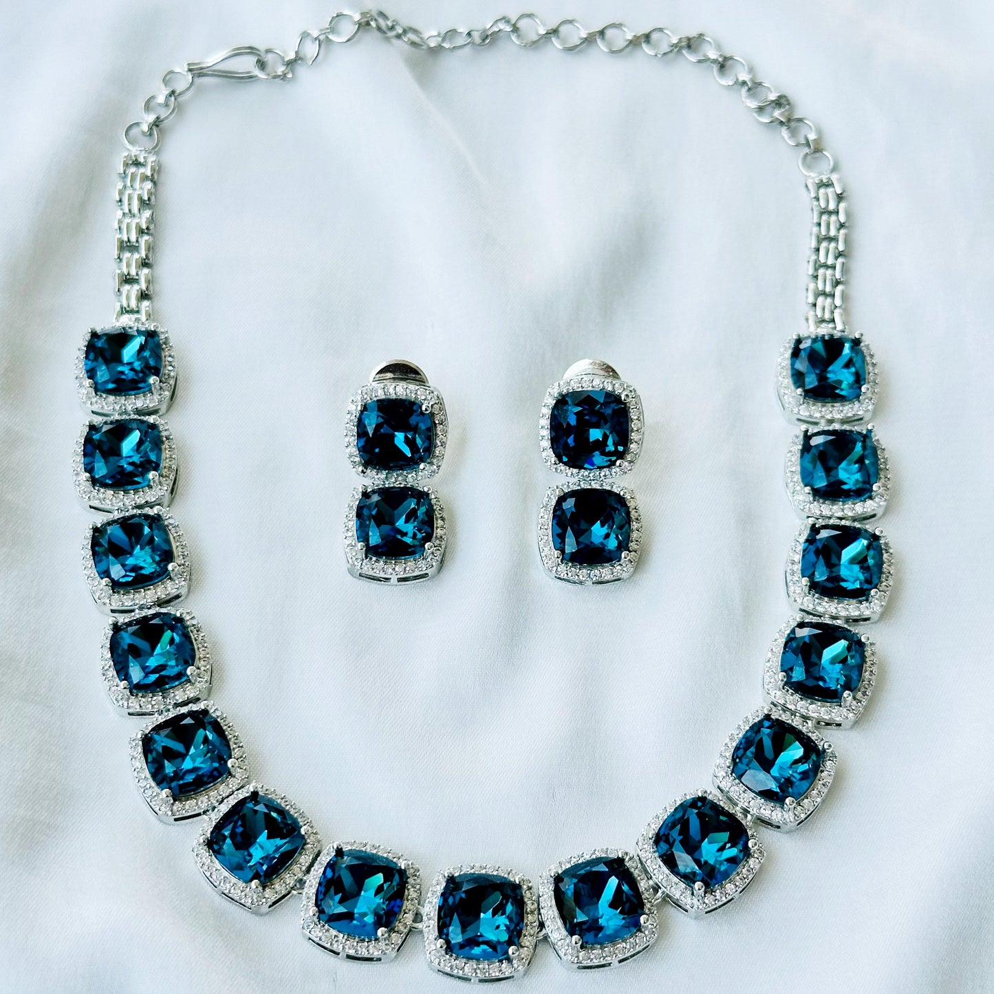Blue Montana Sapphire Swarovski Crystal American Diamond Silver Plated Necklace Set