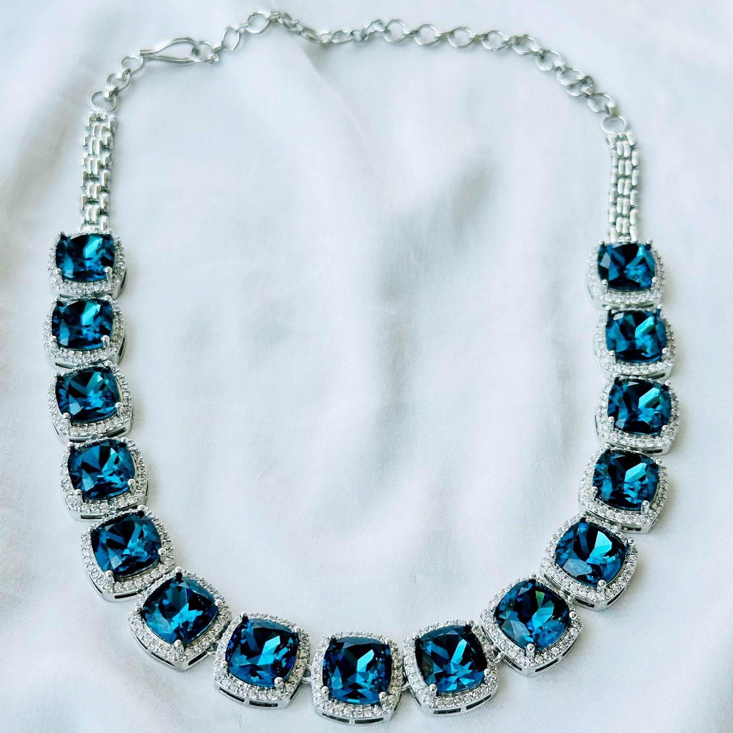 Blue Montana Sapphire Swarovski Crystal American Diamond Silver Plated Necklace Set