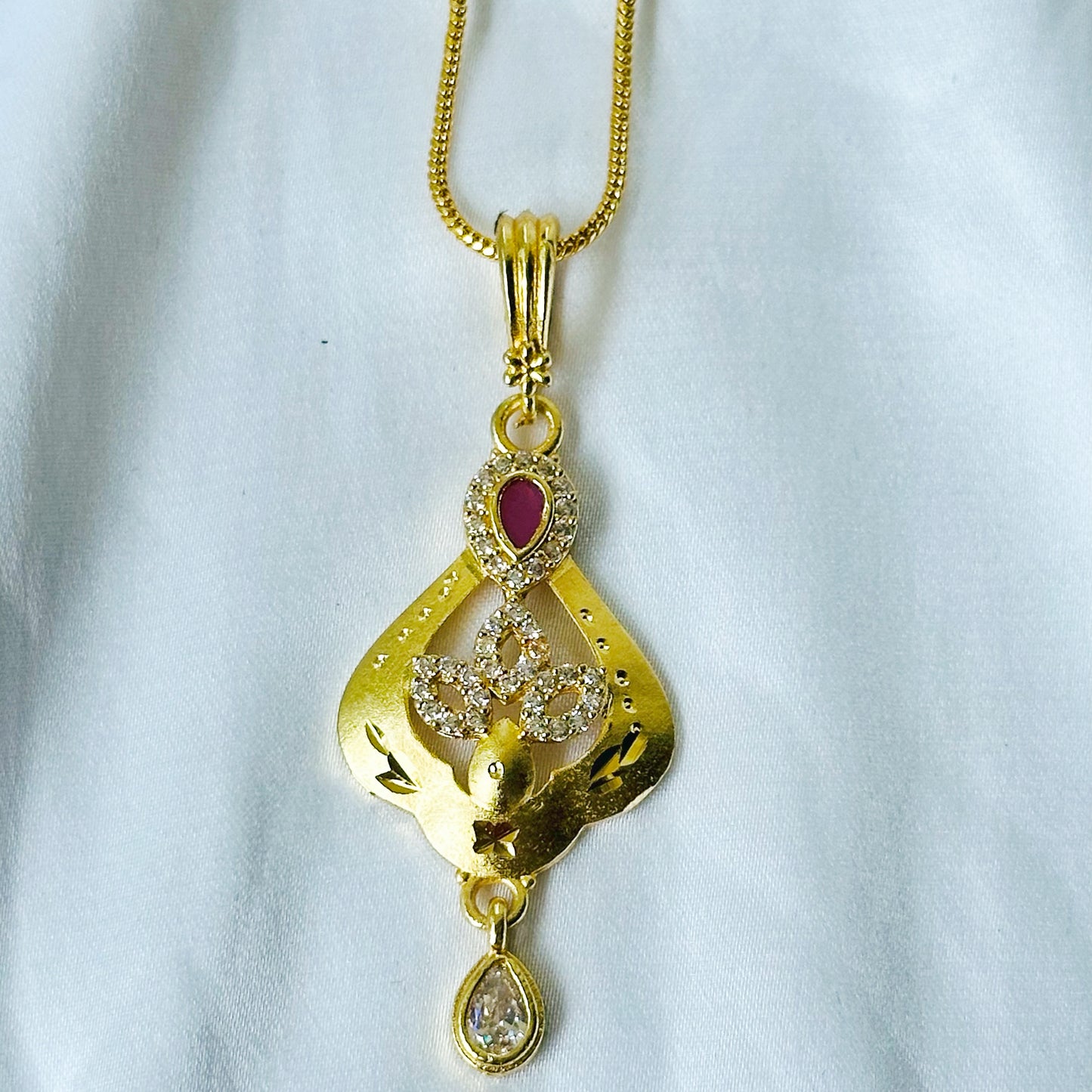 Red Ruby & Solitaire Cubic Zirconia American Diamond 1 Micron Gold Plated Pendant Set