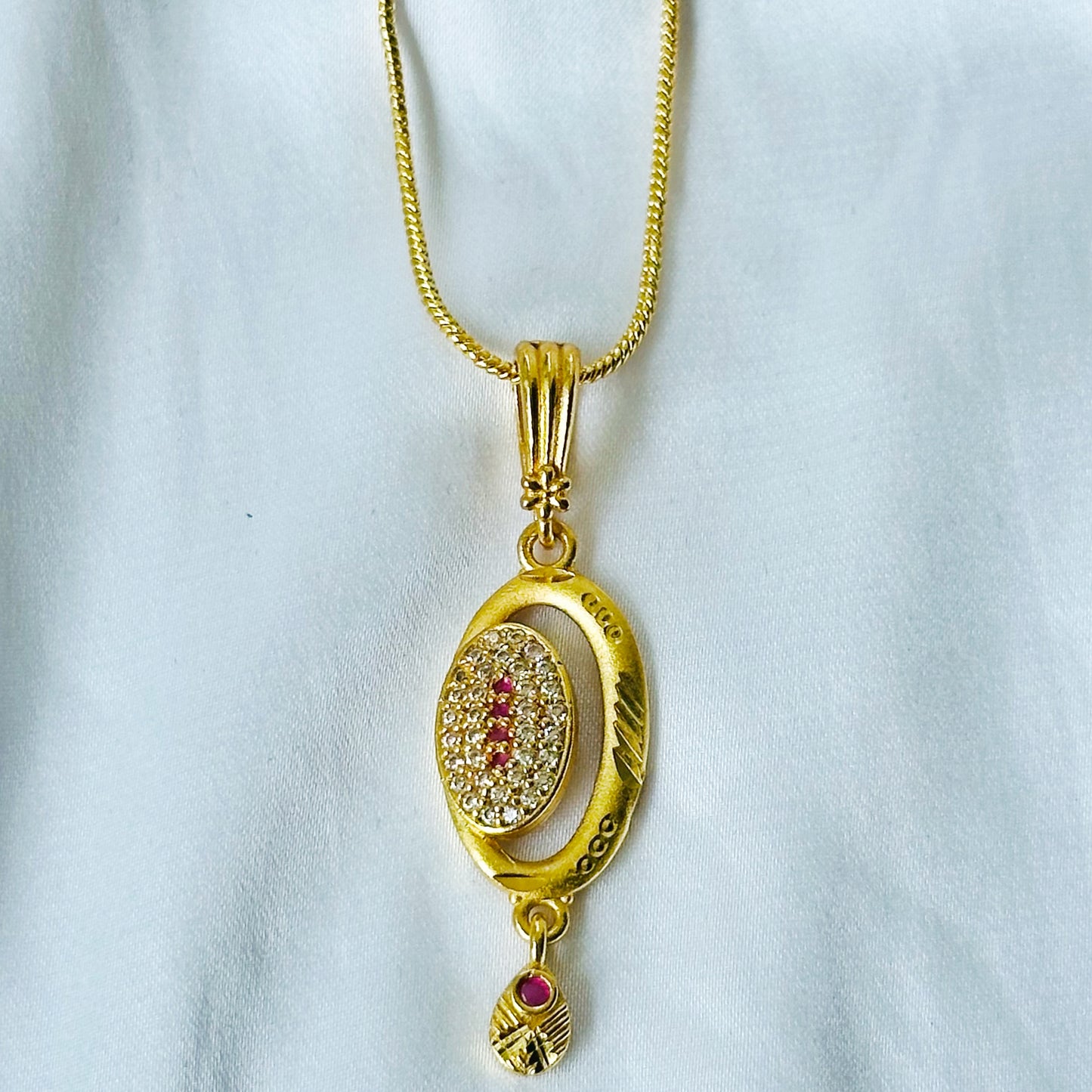 Red Ruby & Solitaire Cubic Zirconia American Diamond 1 Micron Gold Plated Pendant Set