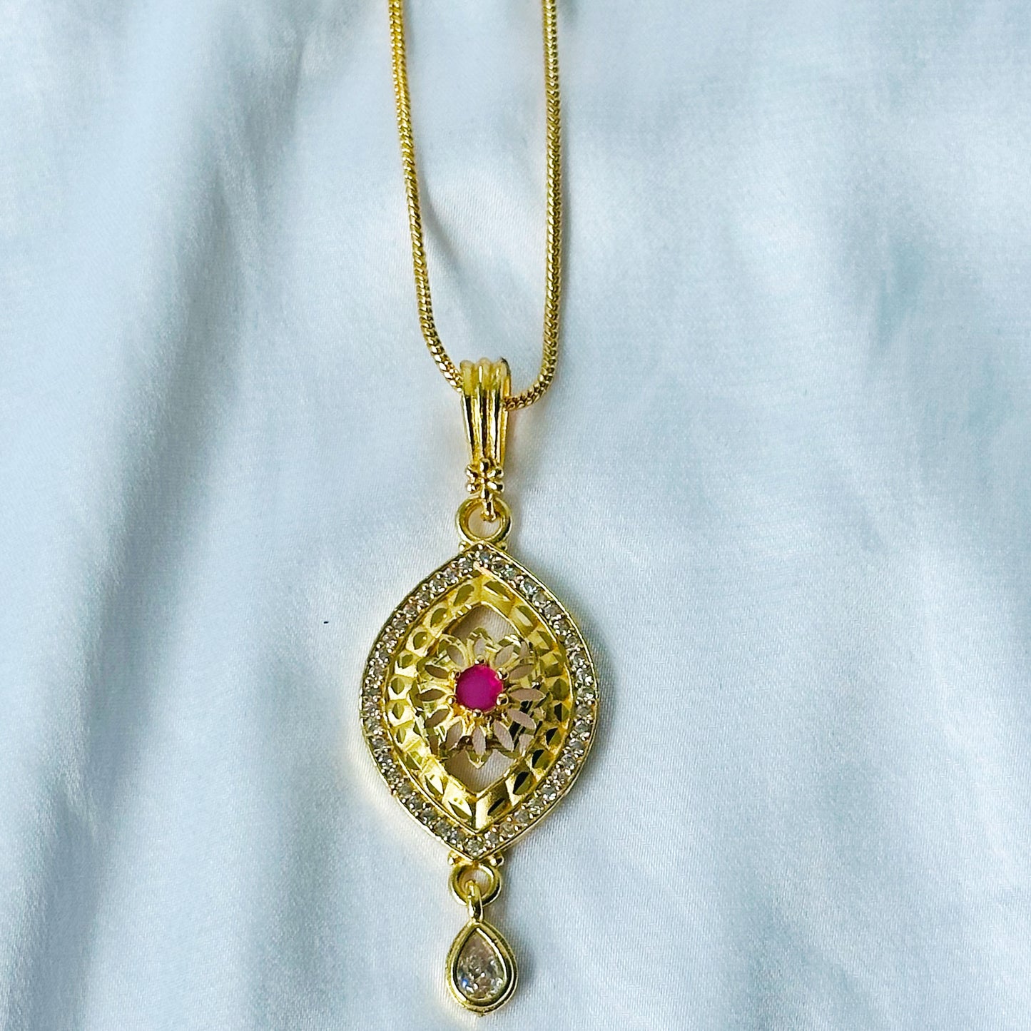 Red Ruby & Solitaire Cubic Zirconia American Diamond 1 Micron Gold Plated Pendant Set