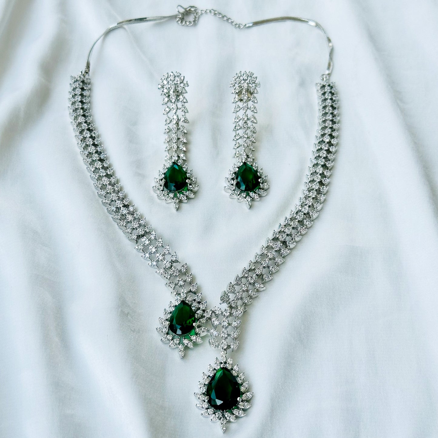 Green Emerald Cubic Zircon American Diamond Silver Plated Necklace Set