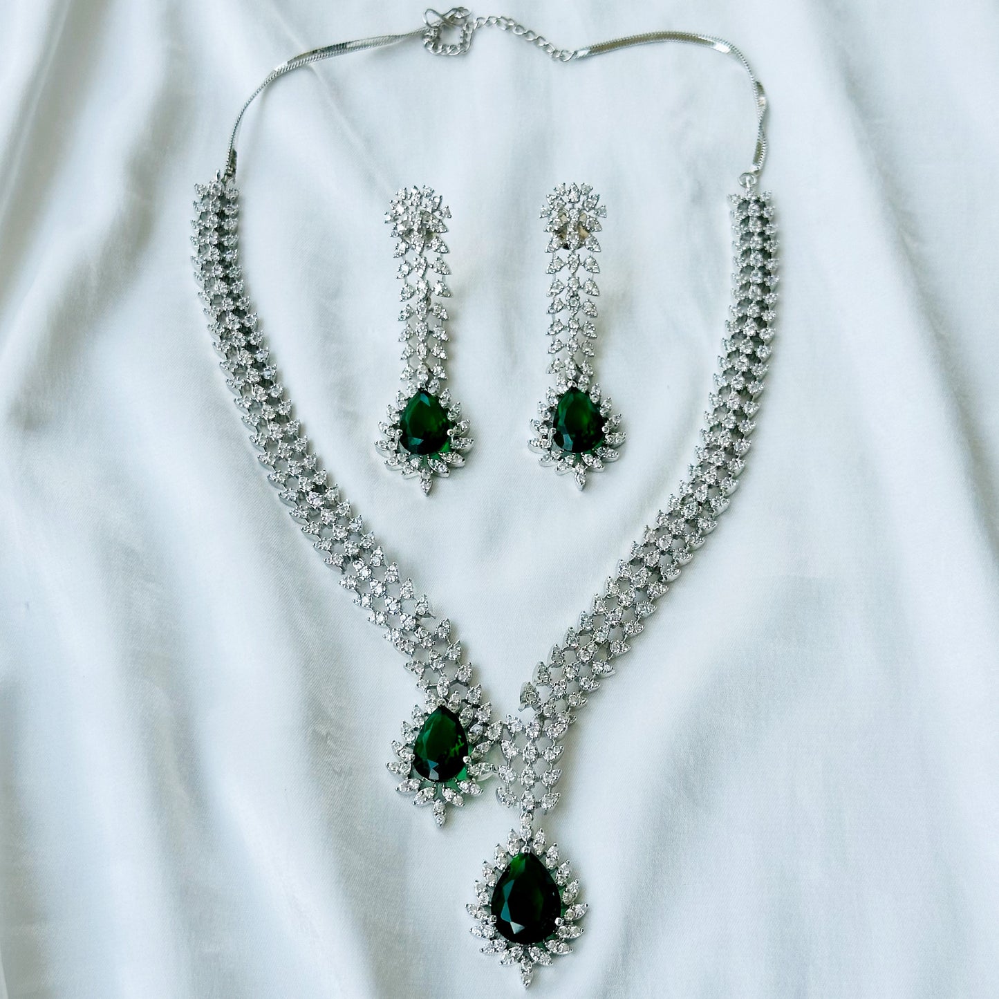 Green Emerald Cubic Zircon American Diamond Silver Plated Necklace Set