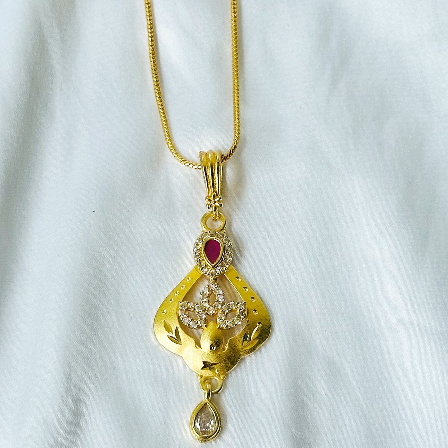 Red Ruby & Solitaire Cubic Zirconia American Diamond 1 Micron Gold Plated Pendant Set