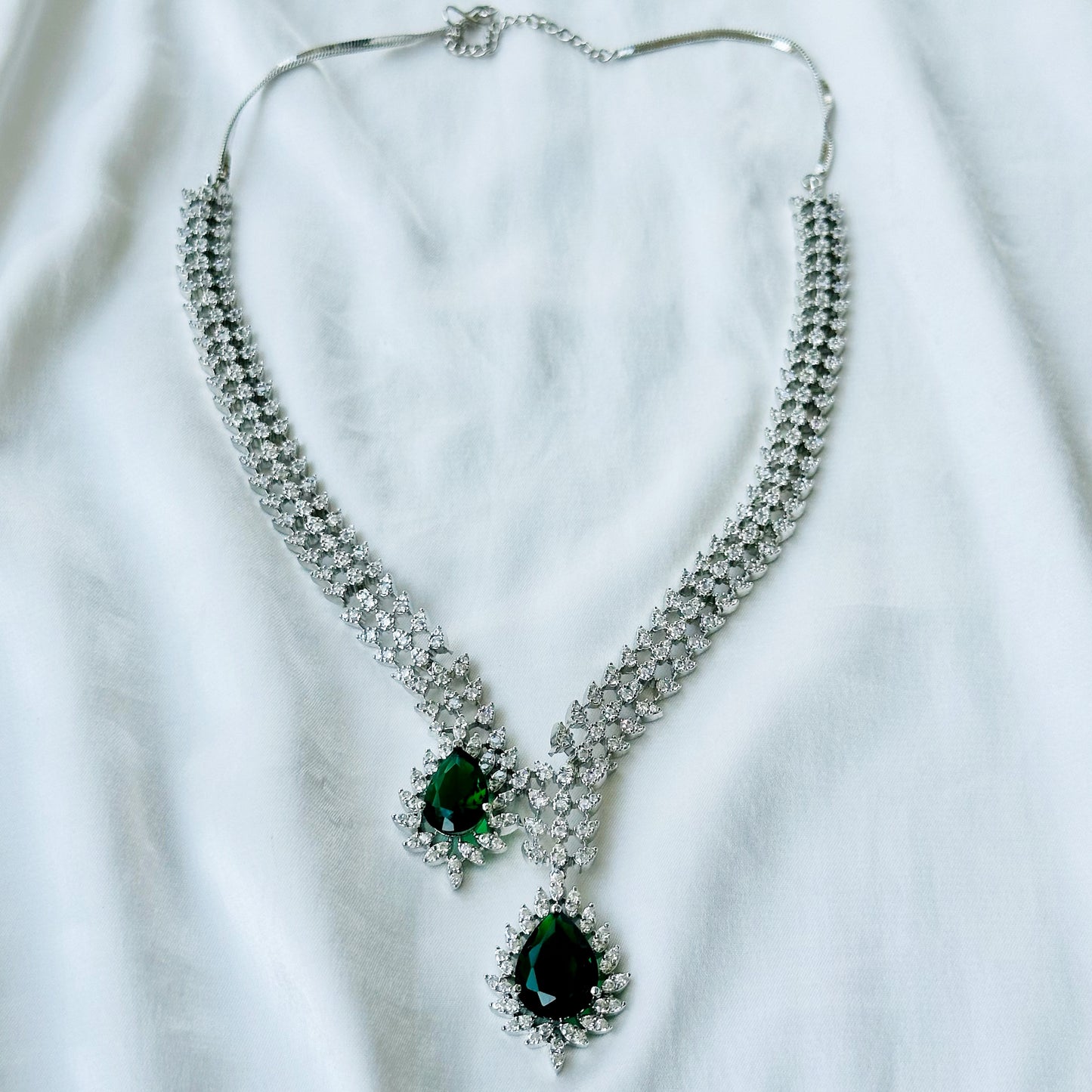 Green Emerald Cubic Zircon American Diamond Silver Plated Necklace Set