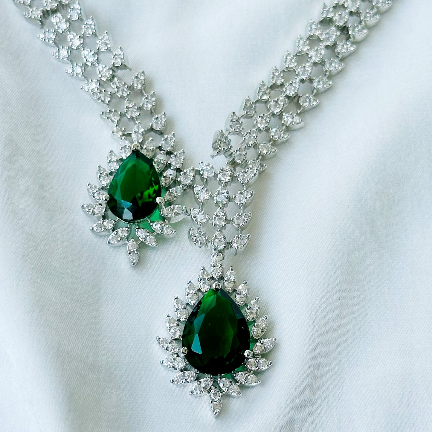 Green Emerald Cubic Zircon American Diamond Silver Plated Necklace Set