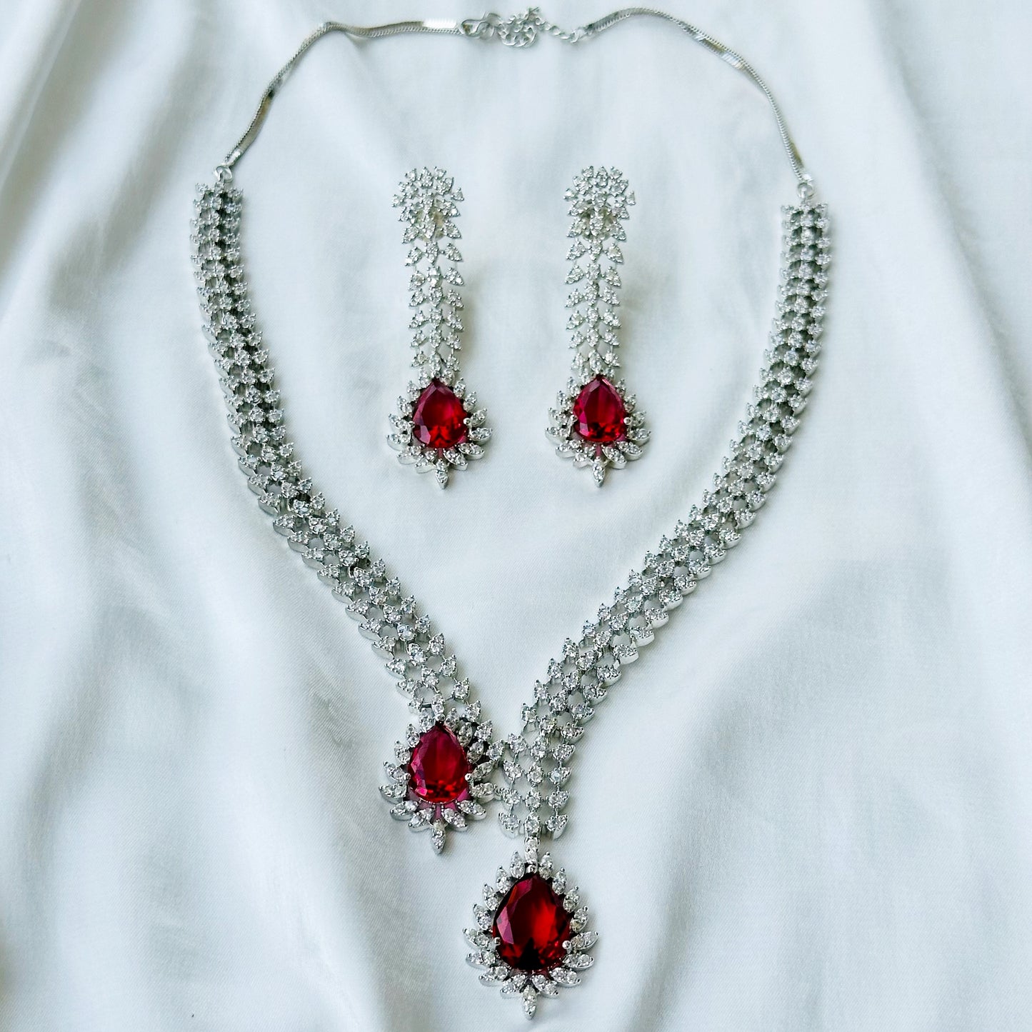 Red Ruby Cubic Zircon American Diamond Silver Plated Necklace Set